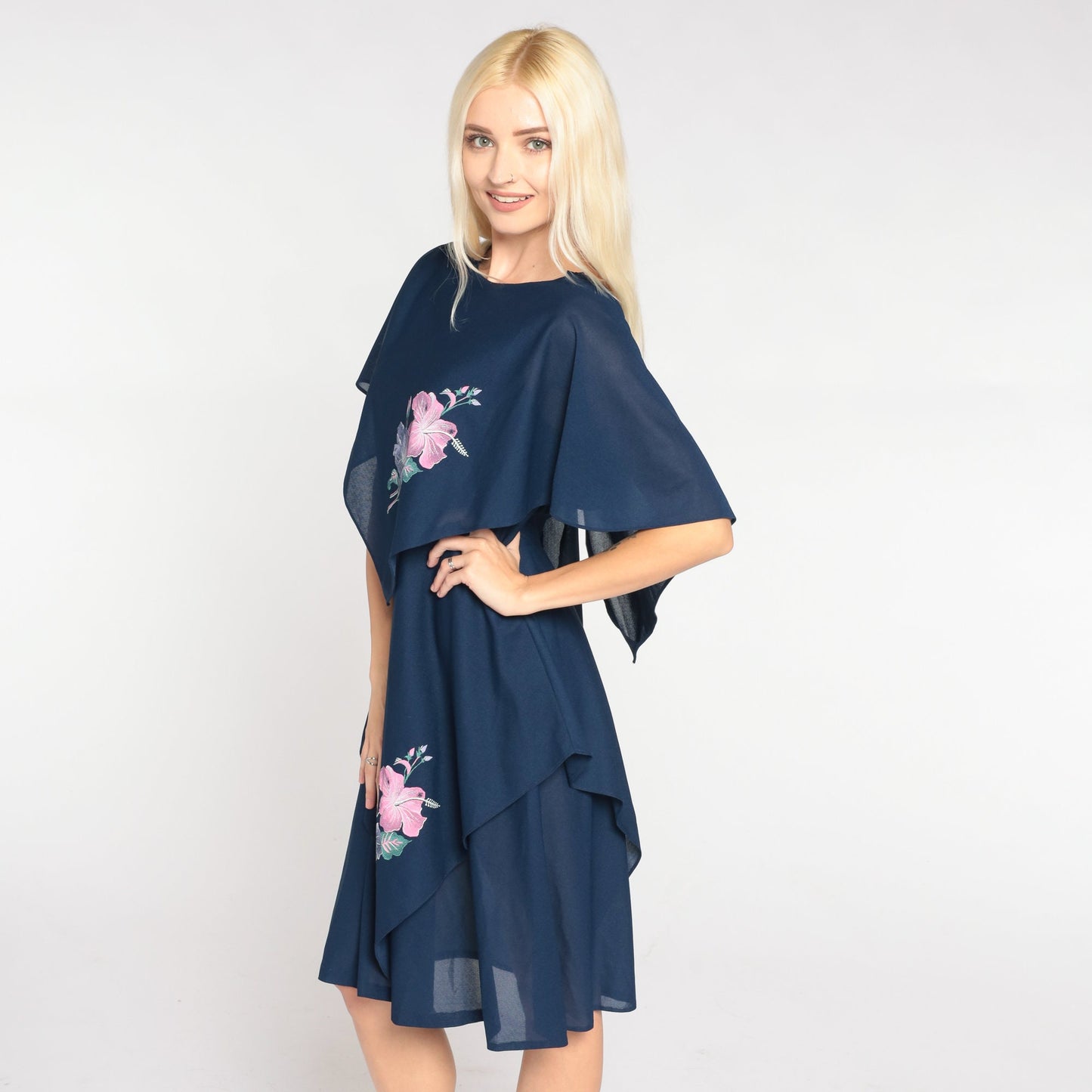 80s Navy Floral Capelet Mini Dress Draped V-Back Flutter Sleeve Medium