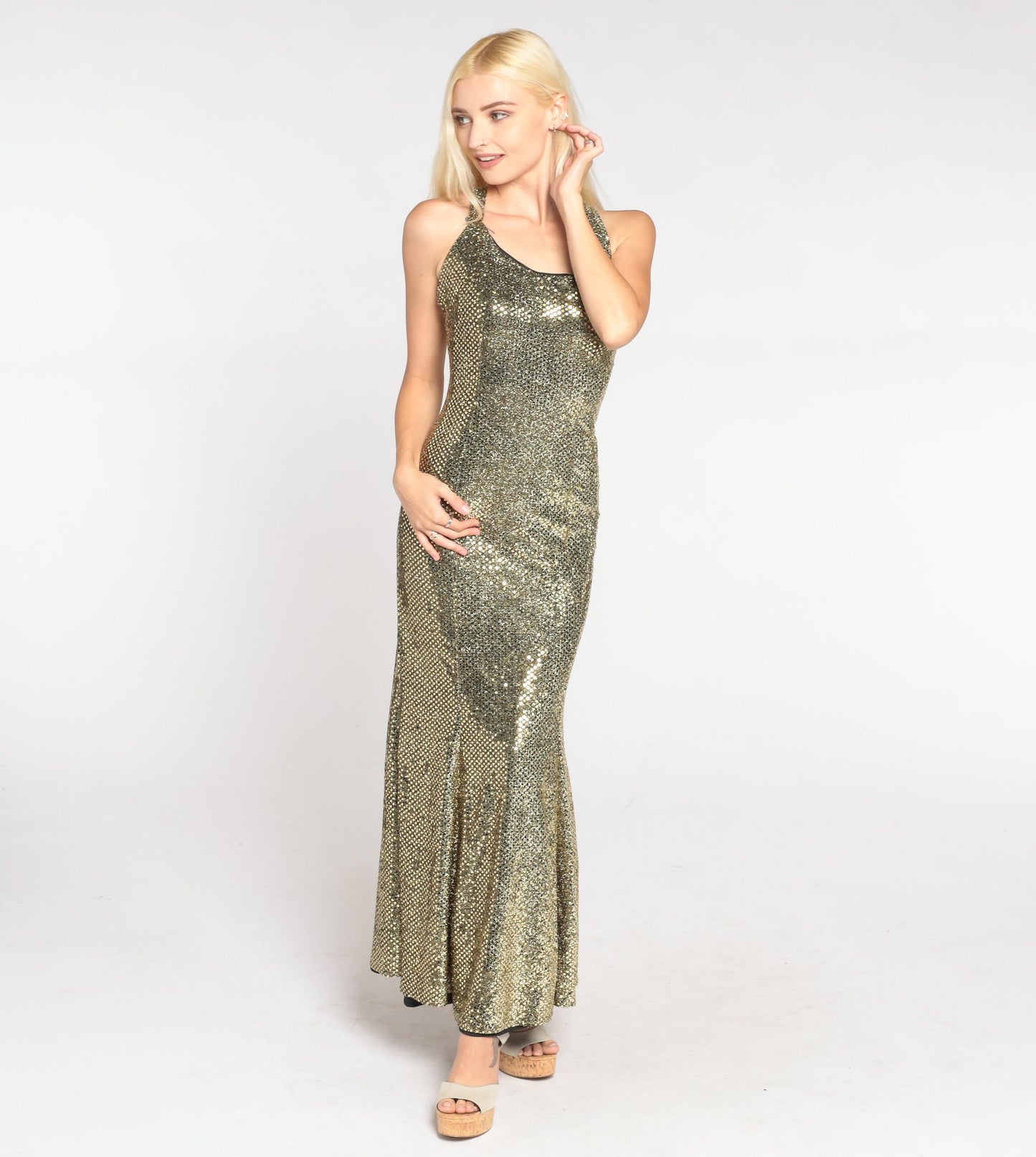 80s Gold Sequin Maxi Dress Zum Zum Fishtail Criss-Cross Back Small