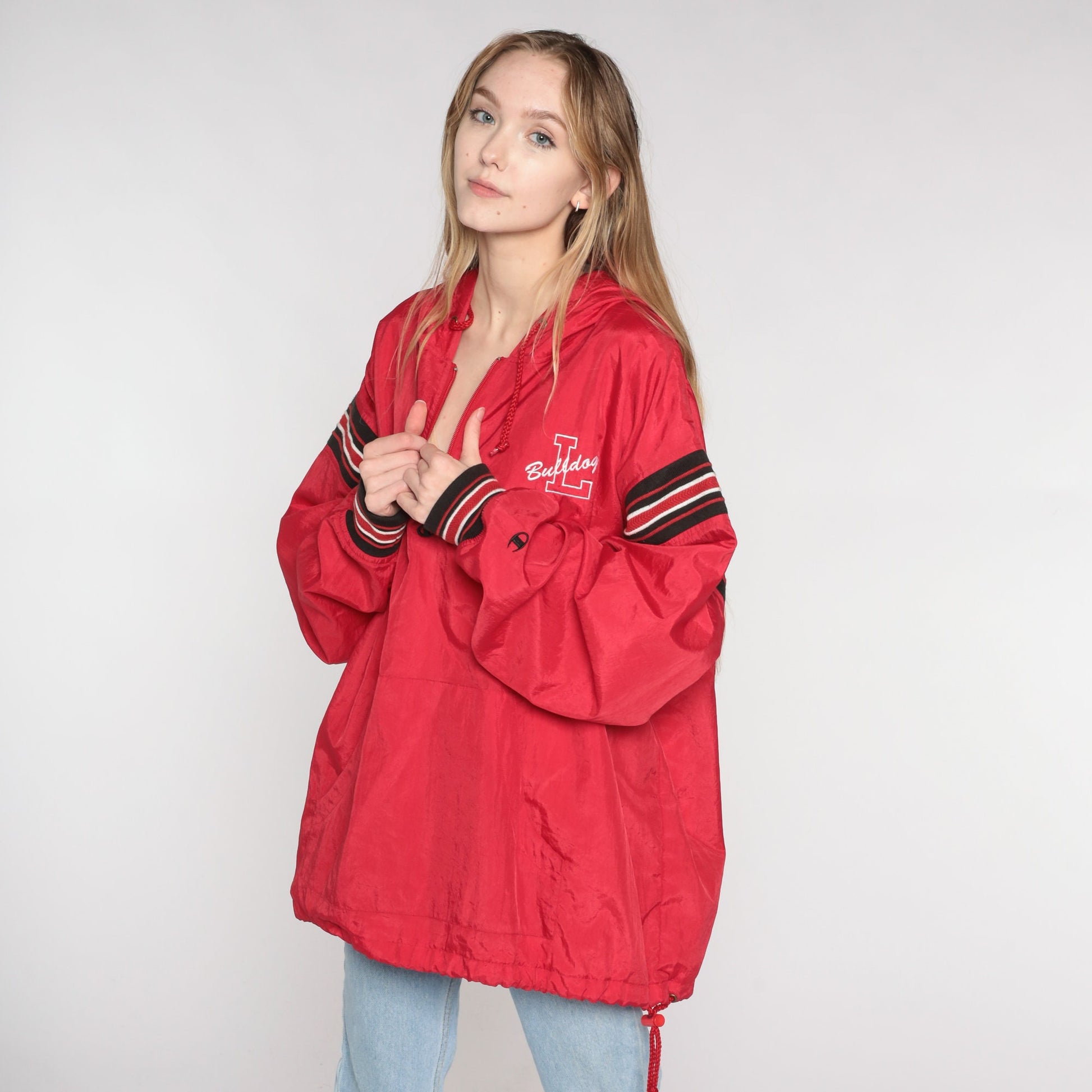 90s Champion Bulldogs Hooded Windbreaker Quarter Zip Red Black White XXL