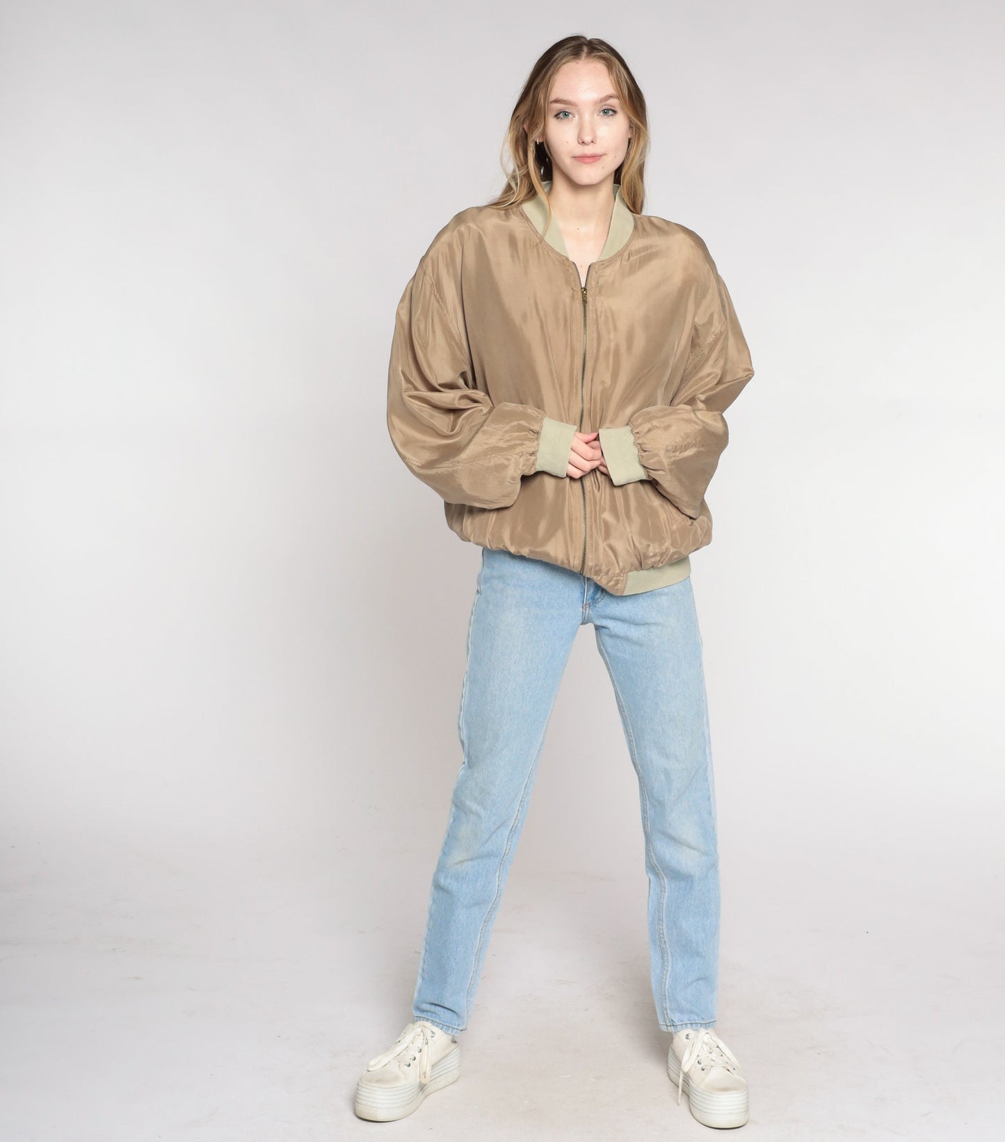 00s Brown Silk Bomber Jacket Zip-Up Windbreaker Medium M