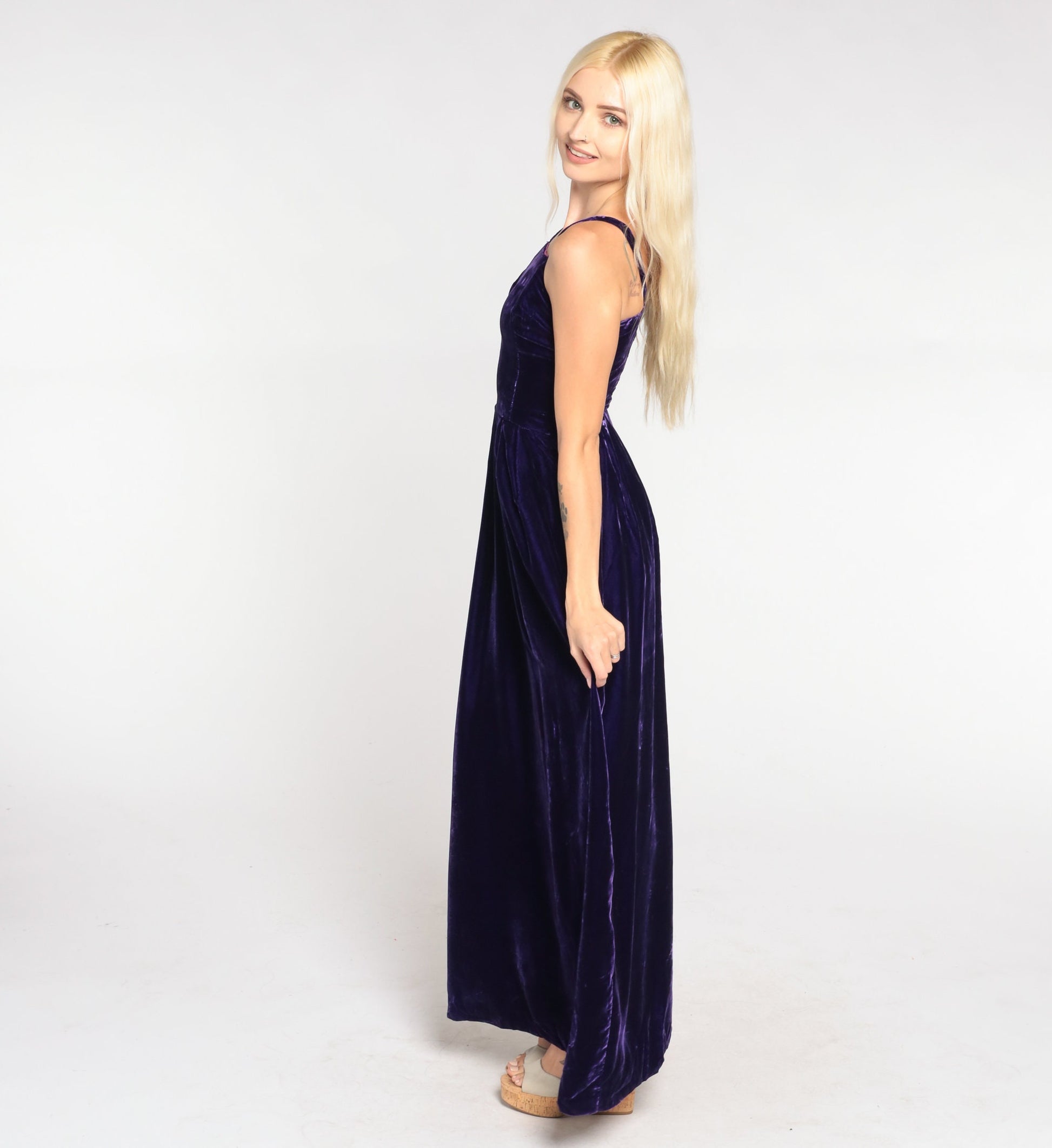70s Dark Purple Velvet Maxi Dress Sleeveless High Waist Gown Extra Small