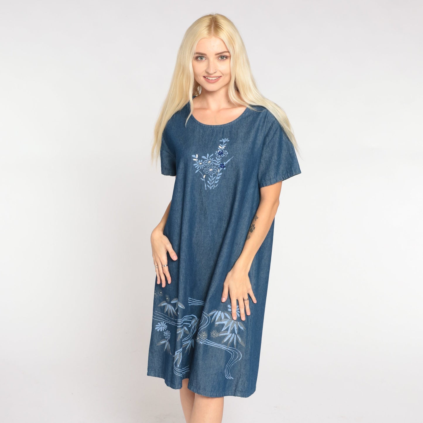 90s Floral Denim Shift Dress Blue Sequin Beaded Short Sleeve Medium M