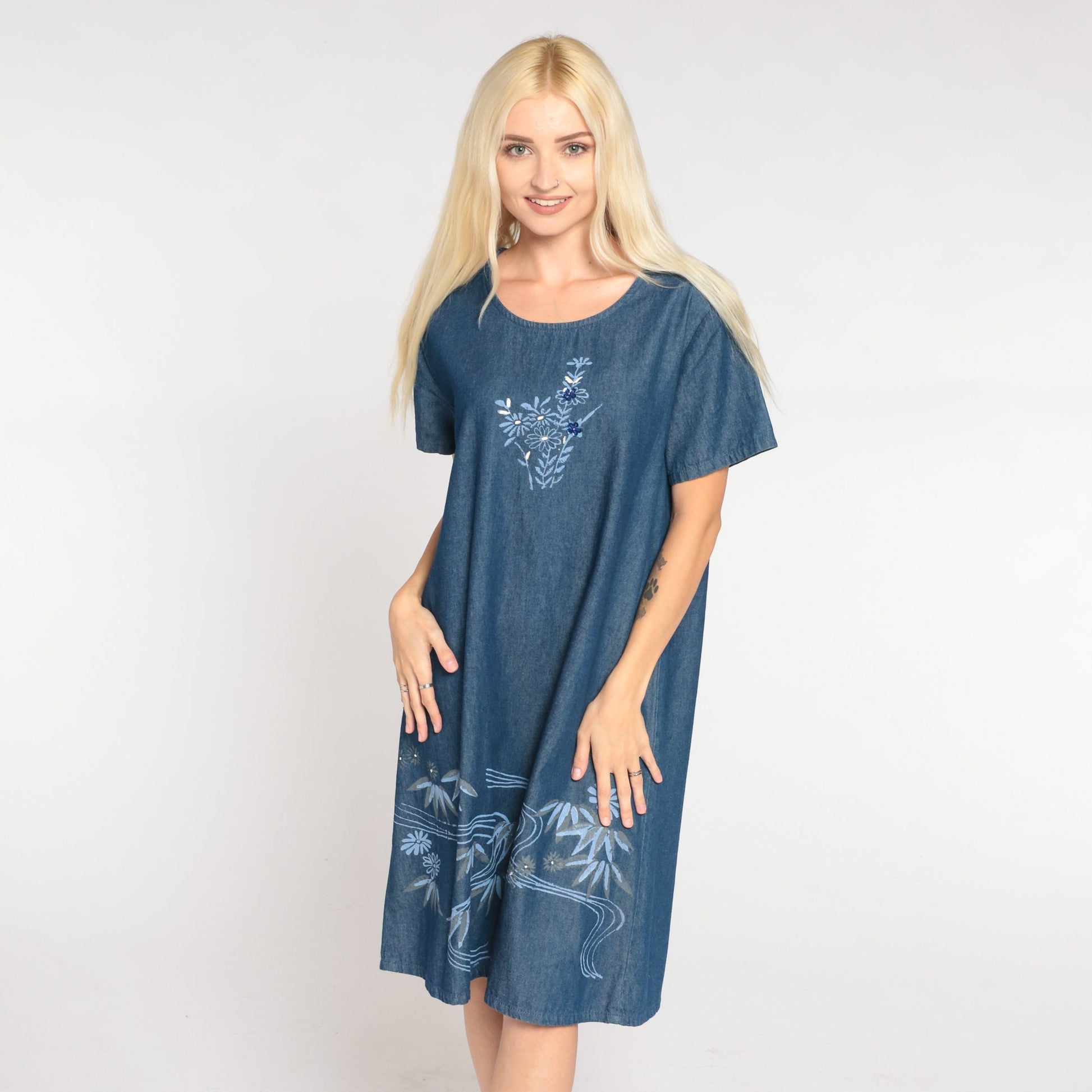 90s Floral Denim Shift Dress Blue Sequin Beaded Short Sleeve Medium M