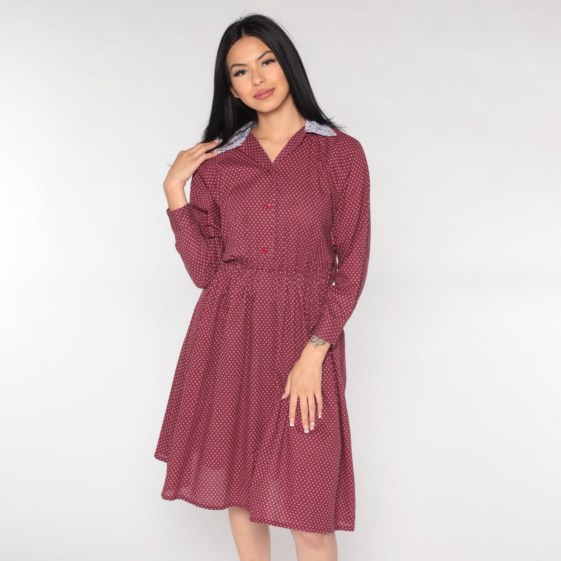 80s Burgundy Midi Shirtdress Lace Collar Geometric Button-Up Small Medium