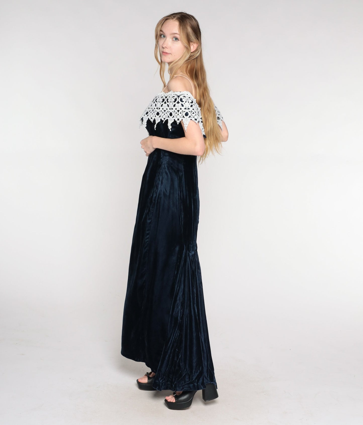 90s Navy Velvet Maxi Dress Off-Shoulder White Lace Trim Small