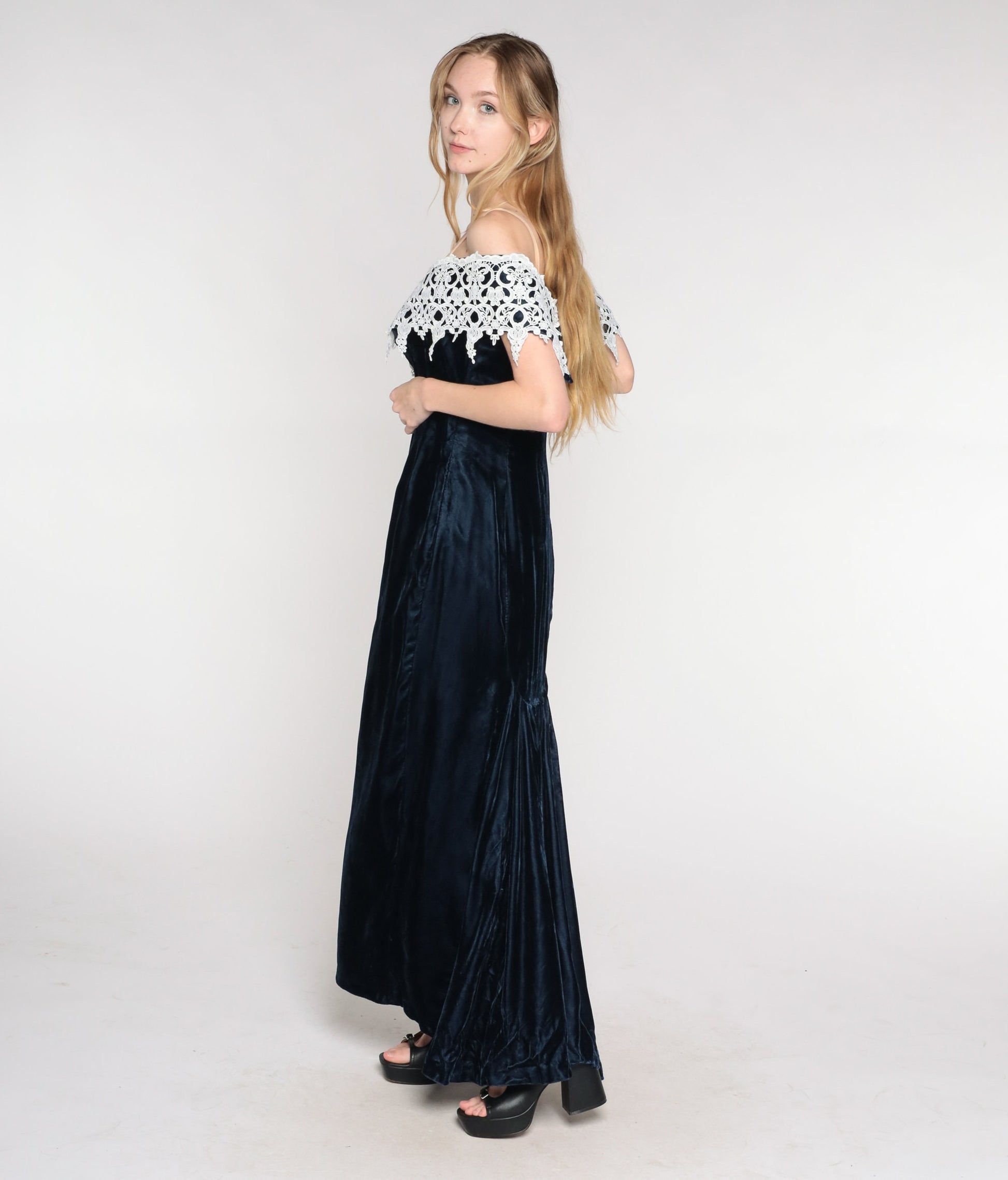 90s Navy Velvet Maxi Dress Off-Shoulder White Lace Trim Small