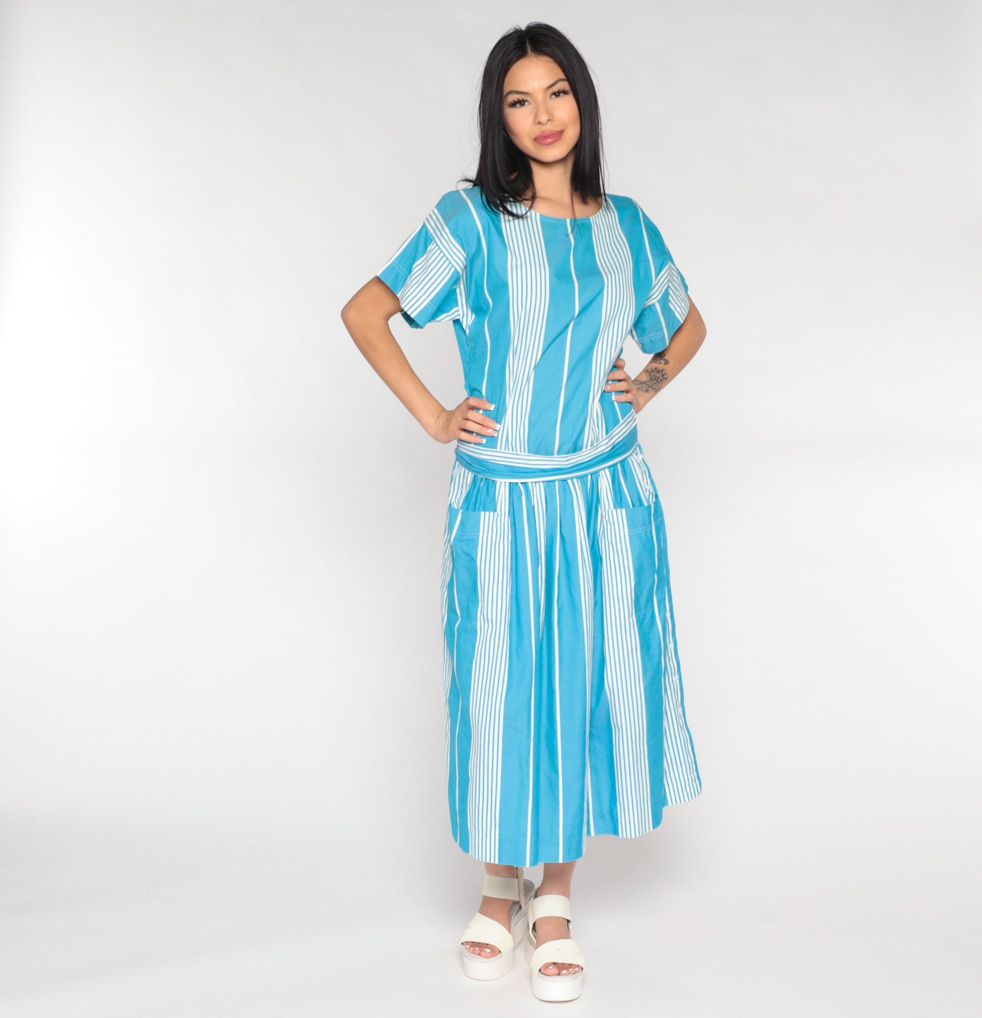 80s Nicole Miller Striped Midi Dress Drop Waist Blue White Cotton Medium 8