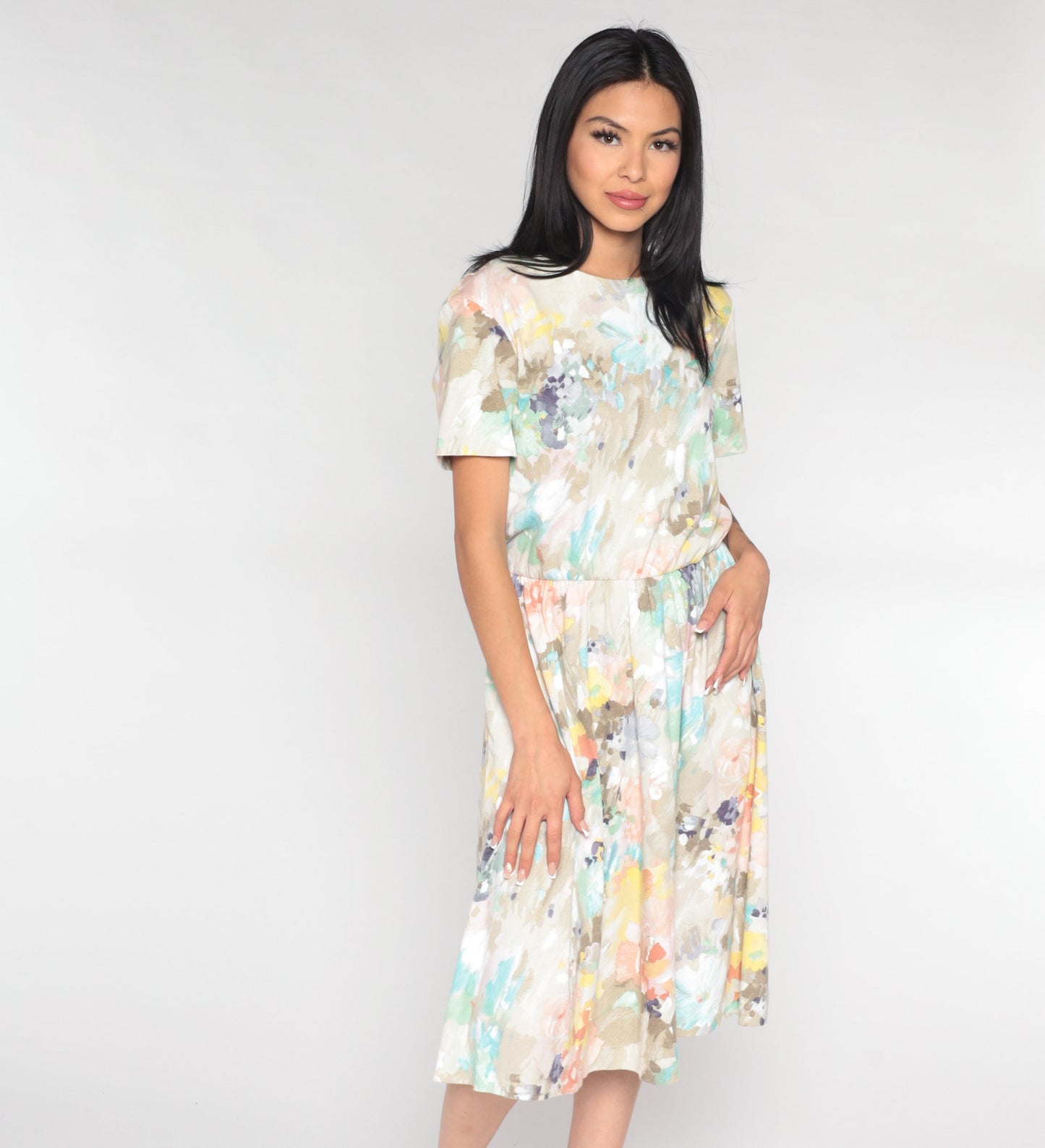 80s Watercolour Floral Midi Dress High Waist Short Sleeve Brown White Medium