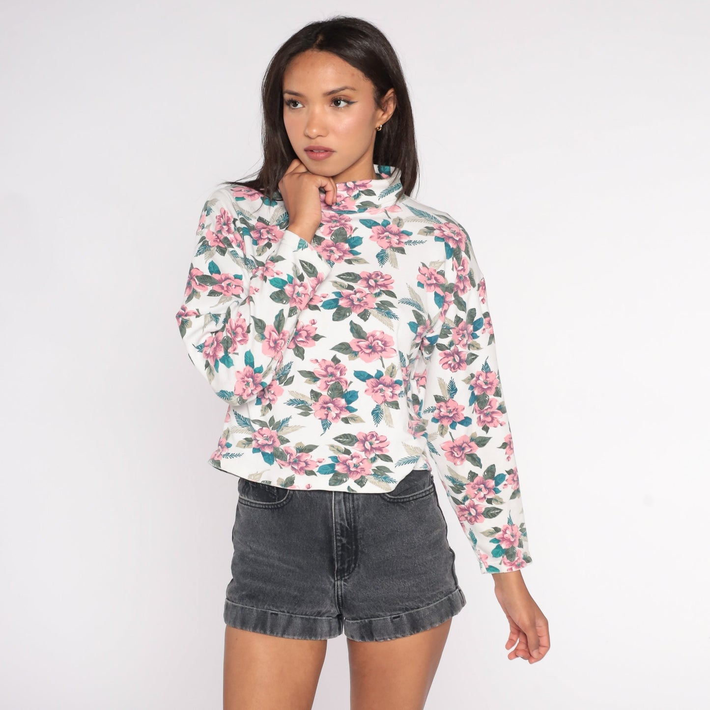 90s Floral Turtleneck Long Sleeve Shirt White Pink Print Medium M