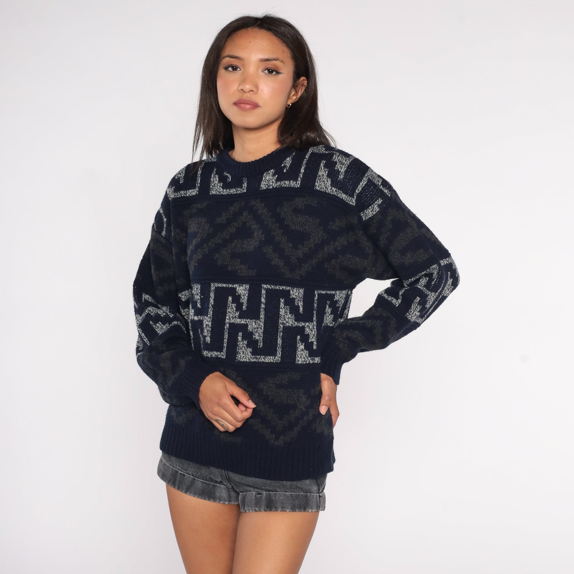 90s Geometric Navy Knit Pullover Sweater Large