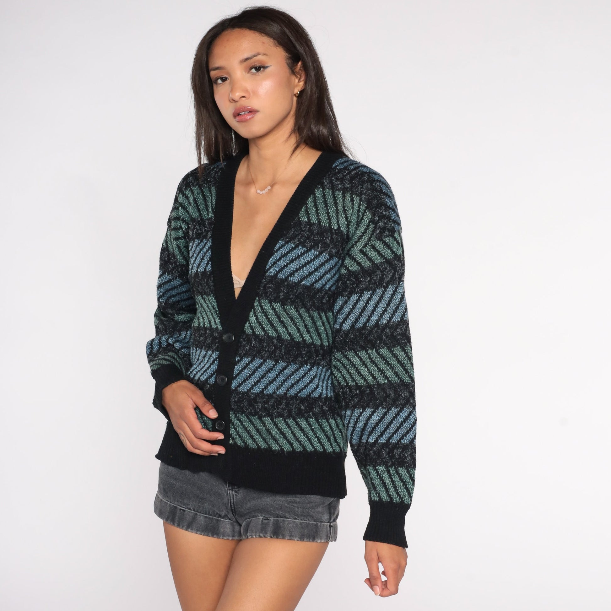90s Striped Cardigan Wool Blend Knit Sweater Black Blue Green Medium M