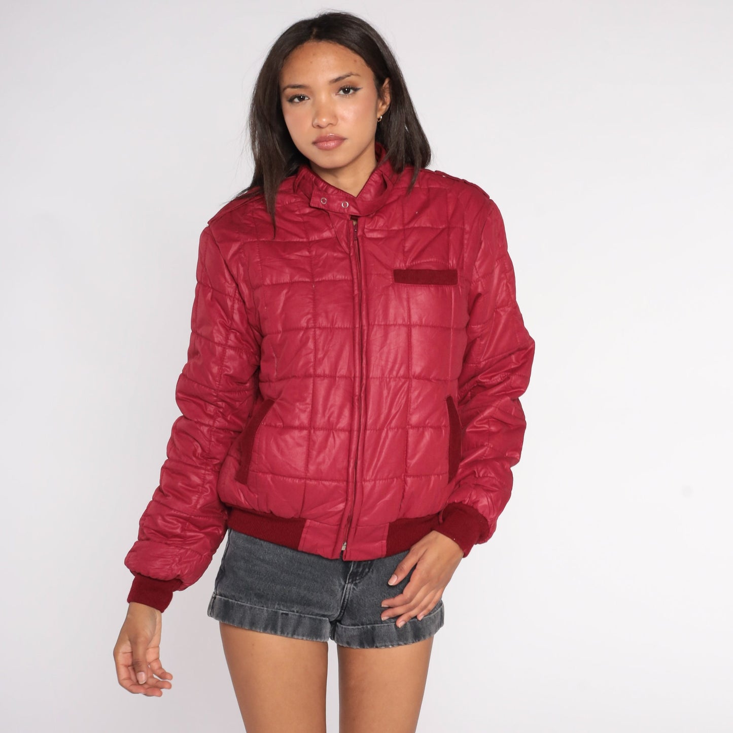 80s Burgundy Quilted Puffer Ski Jacket Zip Up Insulated Small