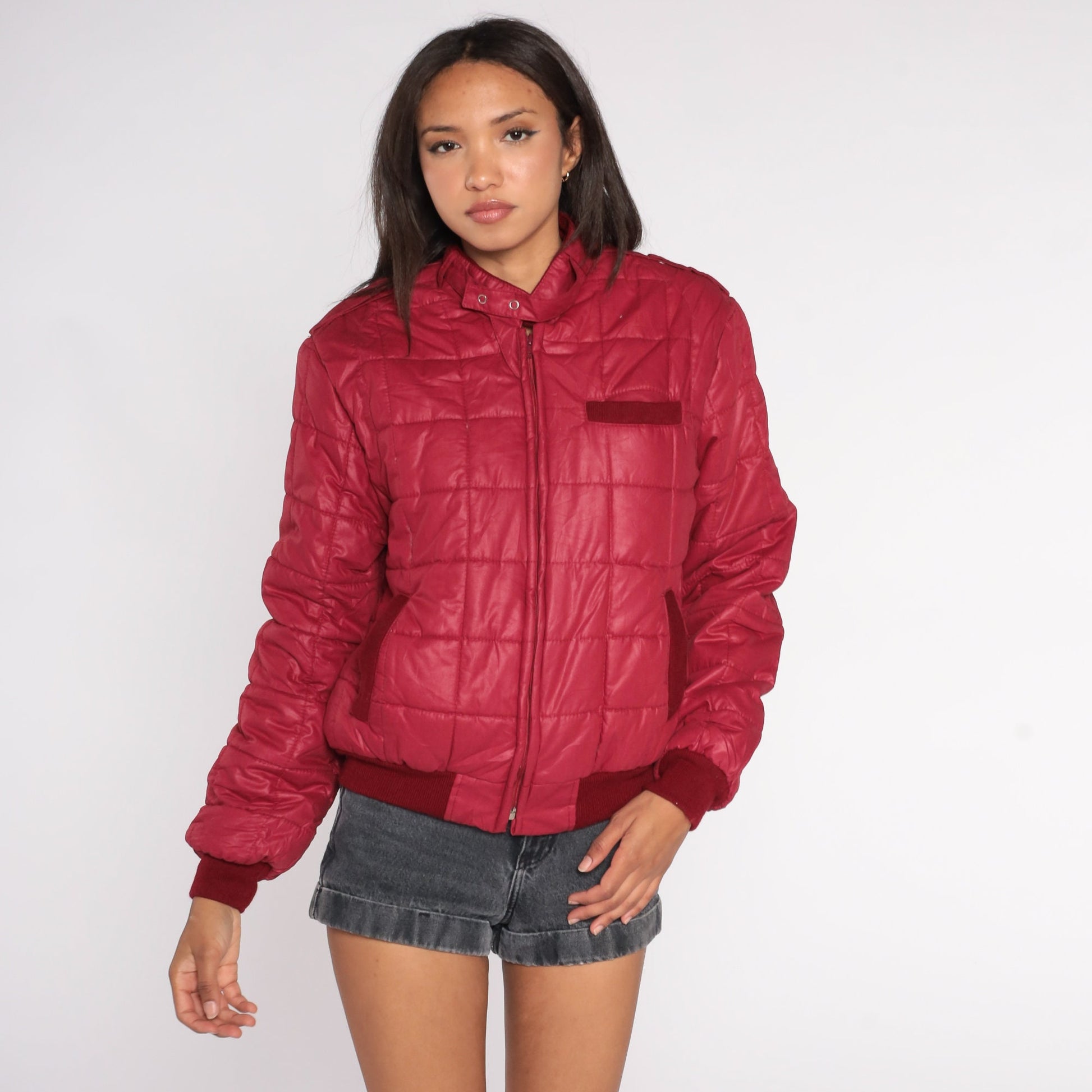 80s Burgundy Quilted Puffer Ski Jacket Zip Up Insulated Small