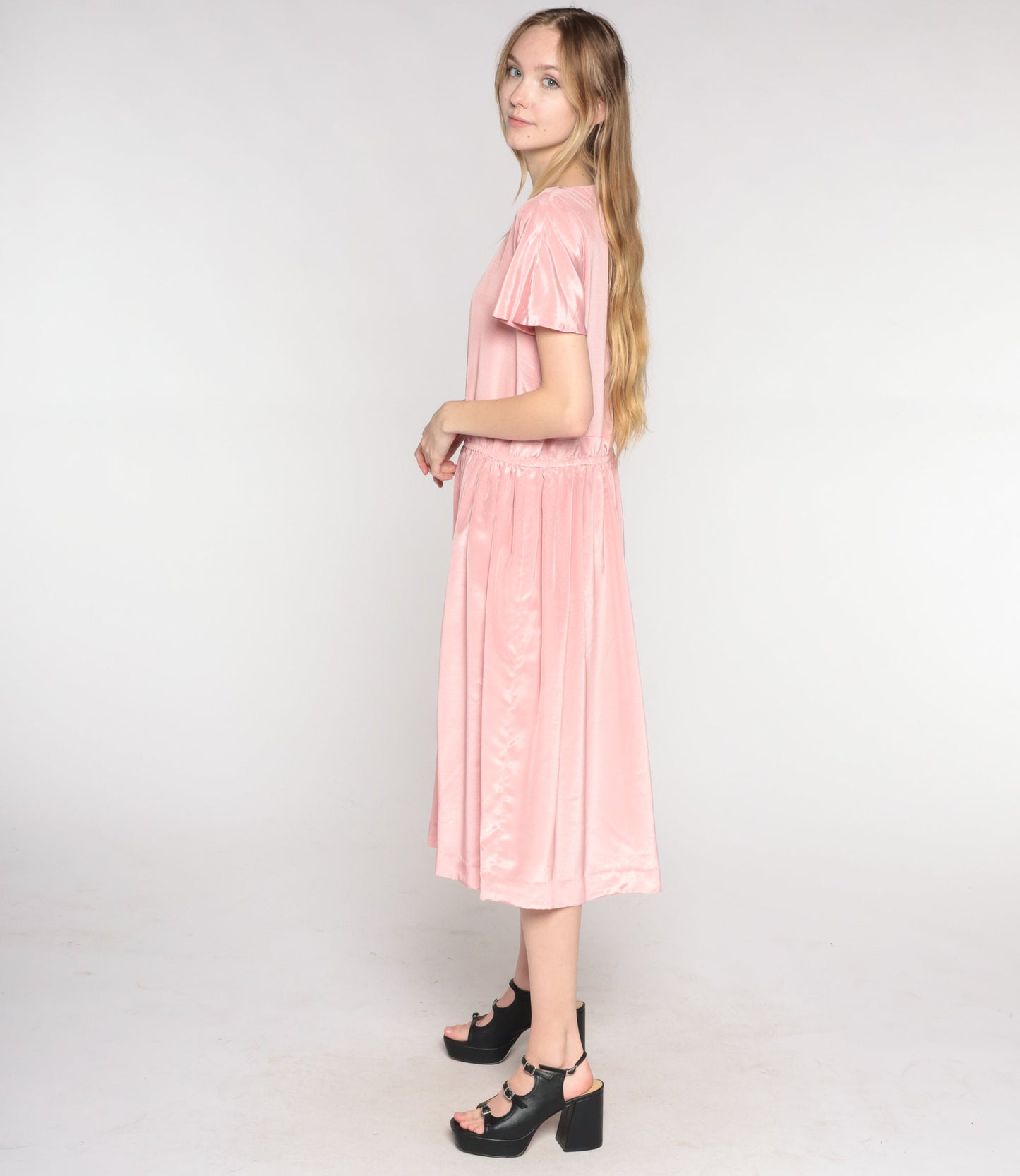 80s Pink Midi Dress Flutter Sleeve Blouson Bodice Keyhole Back Medium