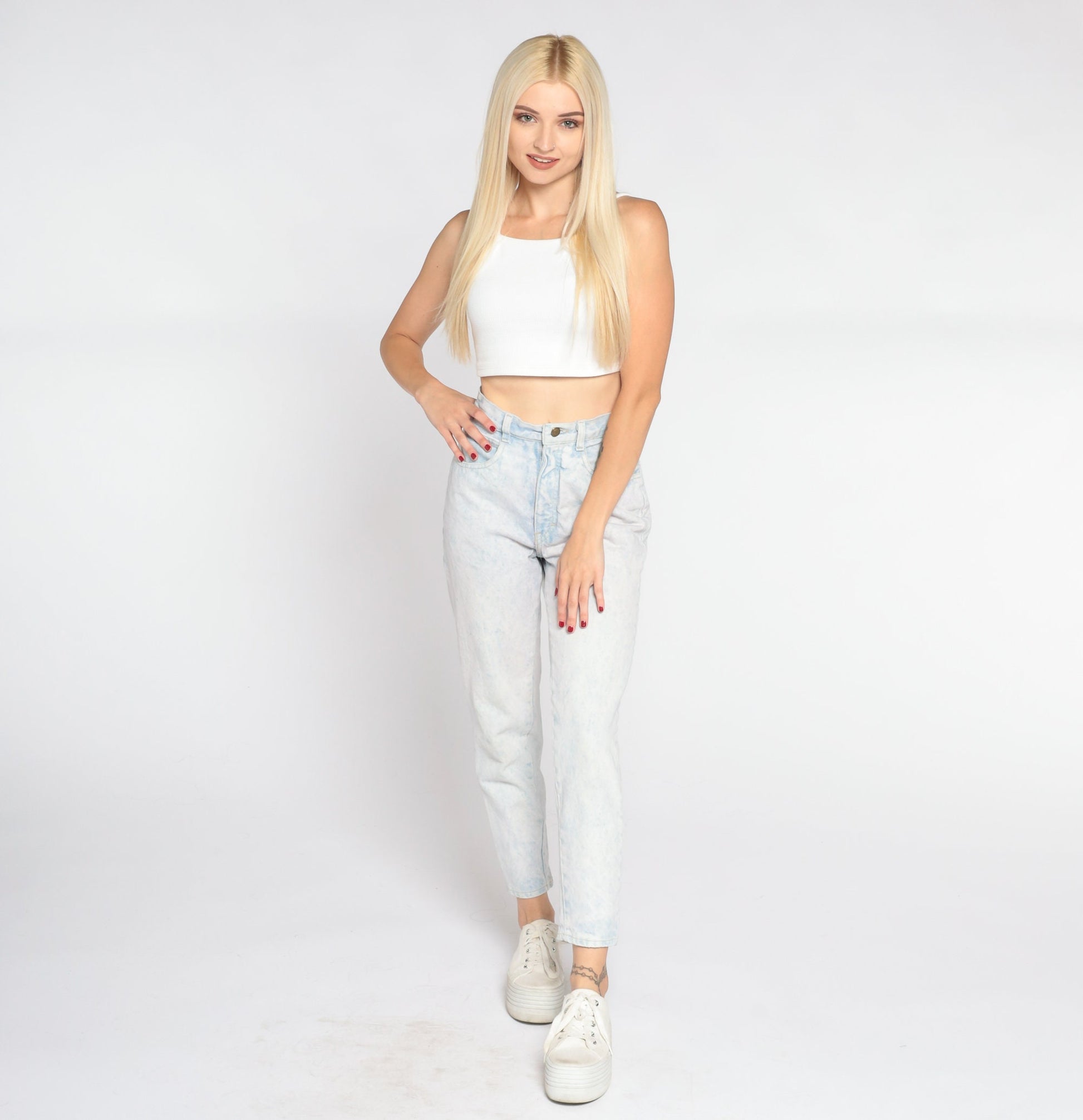90s Gitano Acid Wash High Waisted Jeans Light Blue Tapered Ankle Snap XS