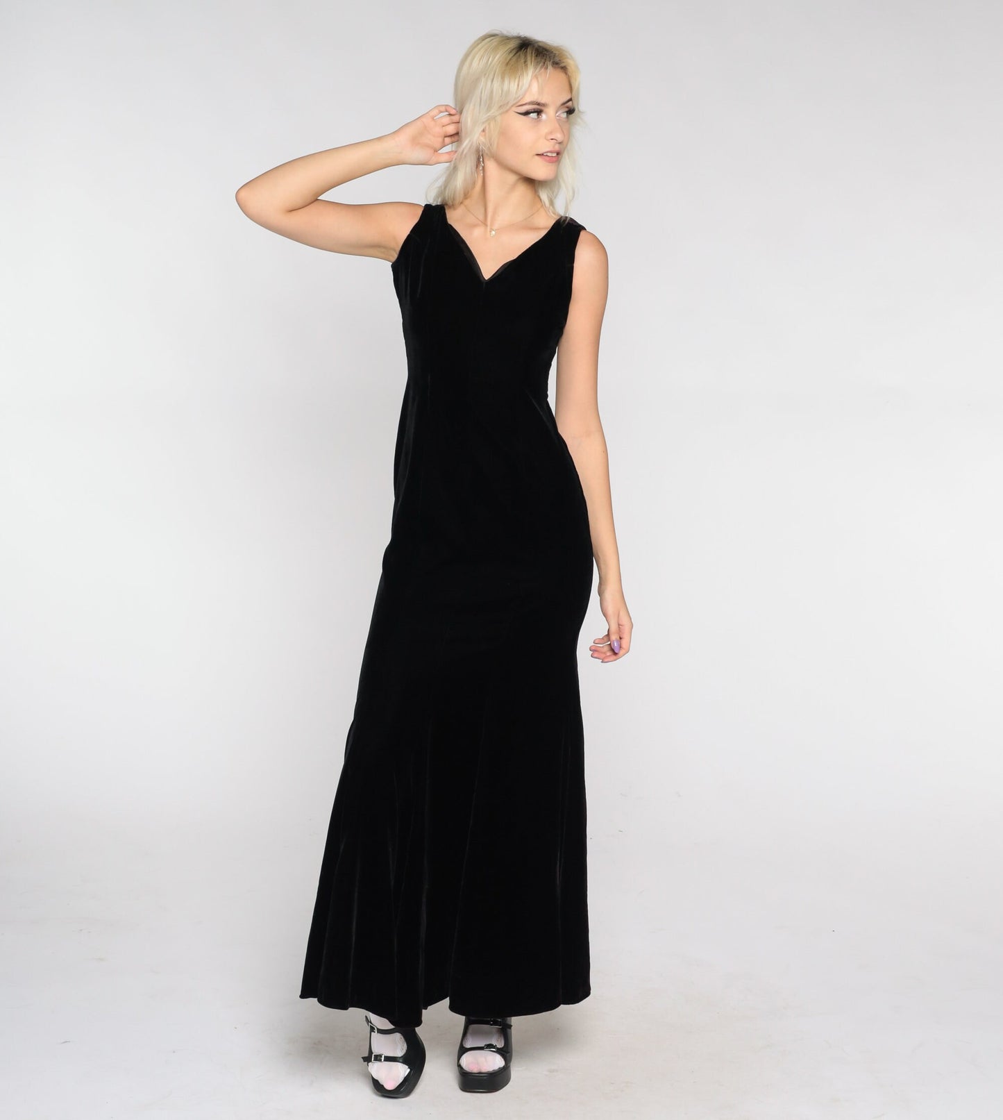 90s Black Velvet Maxi Dress V-Neck Sleeveless Sheath Extra Small