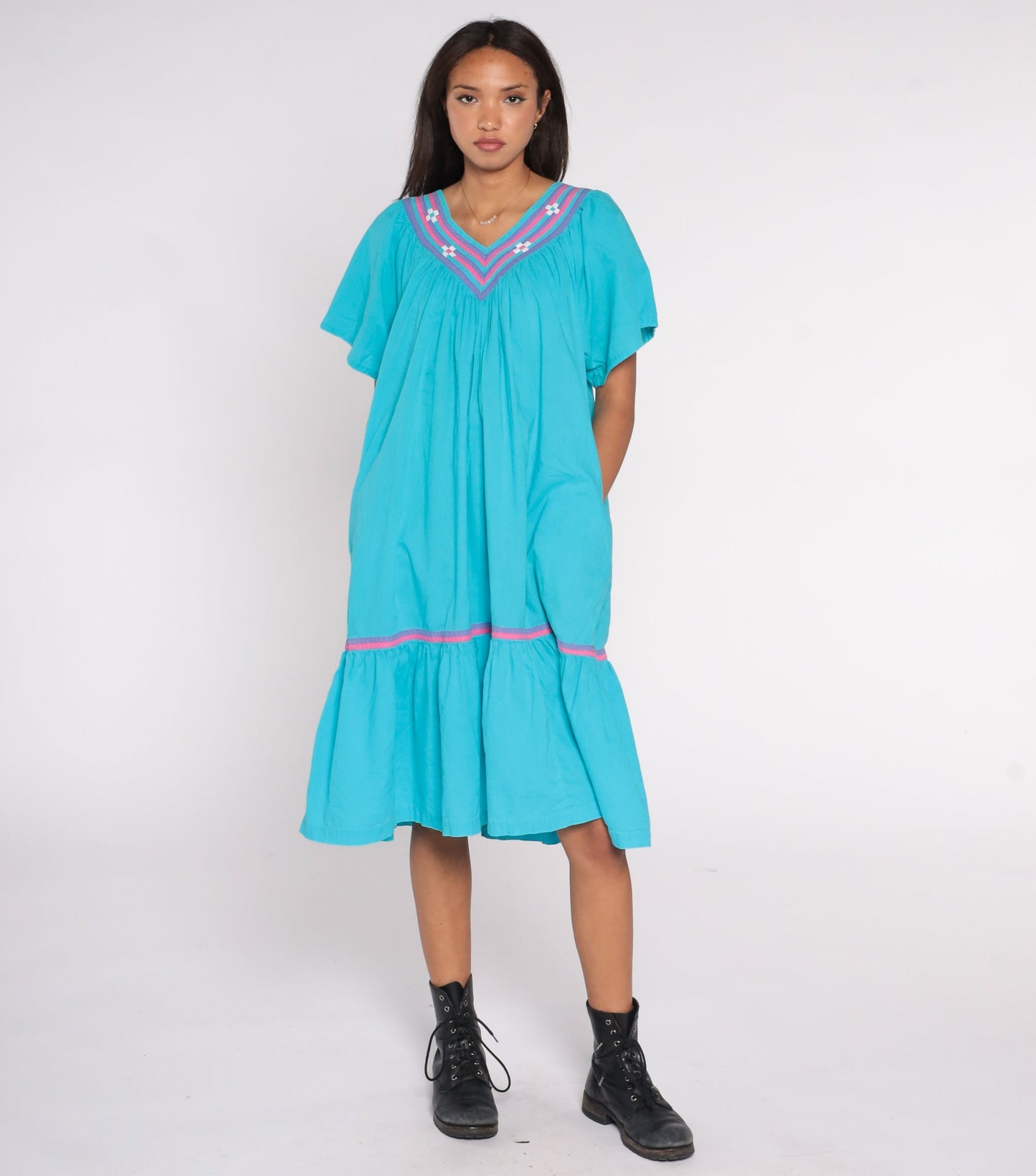 90s Turquoise Cotton Midi Dress Pink Purple Trim Trapeze Tiered Medium M