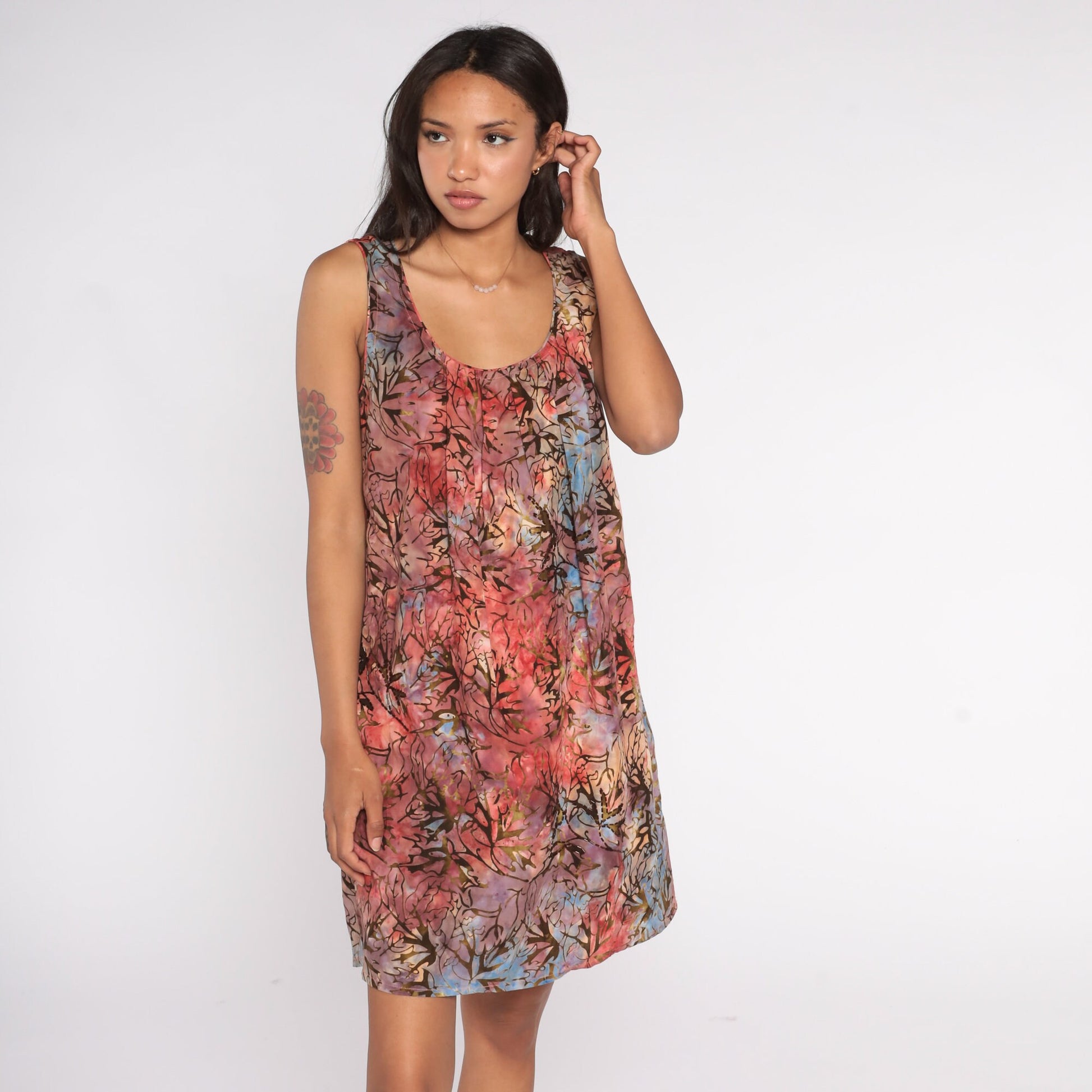 Y2K Tie Dye Leaf Print Mini Dress Sleeveless Pleated Bodice Pink Purple Blue Small S