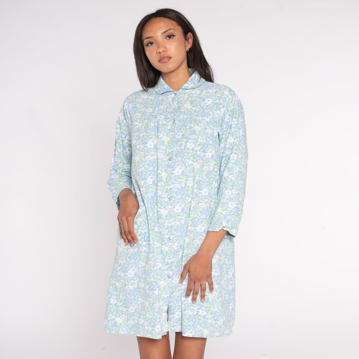 90s Blue Floral Mini Nightgown Peter Pan Collar Snap Front Medium