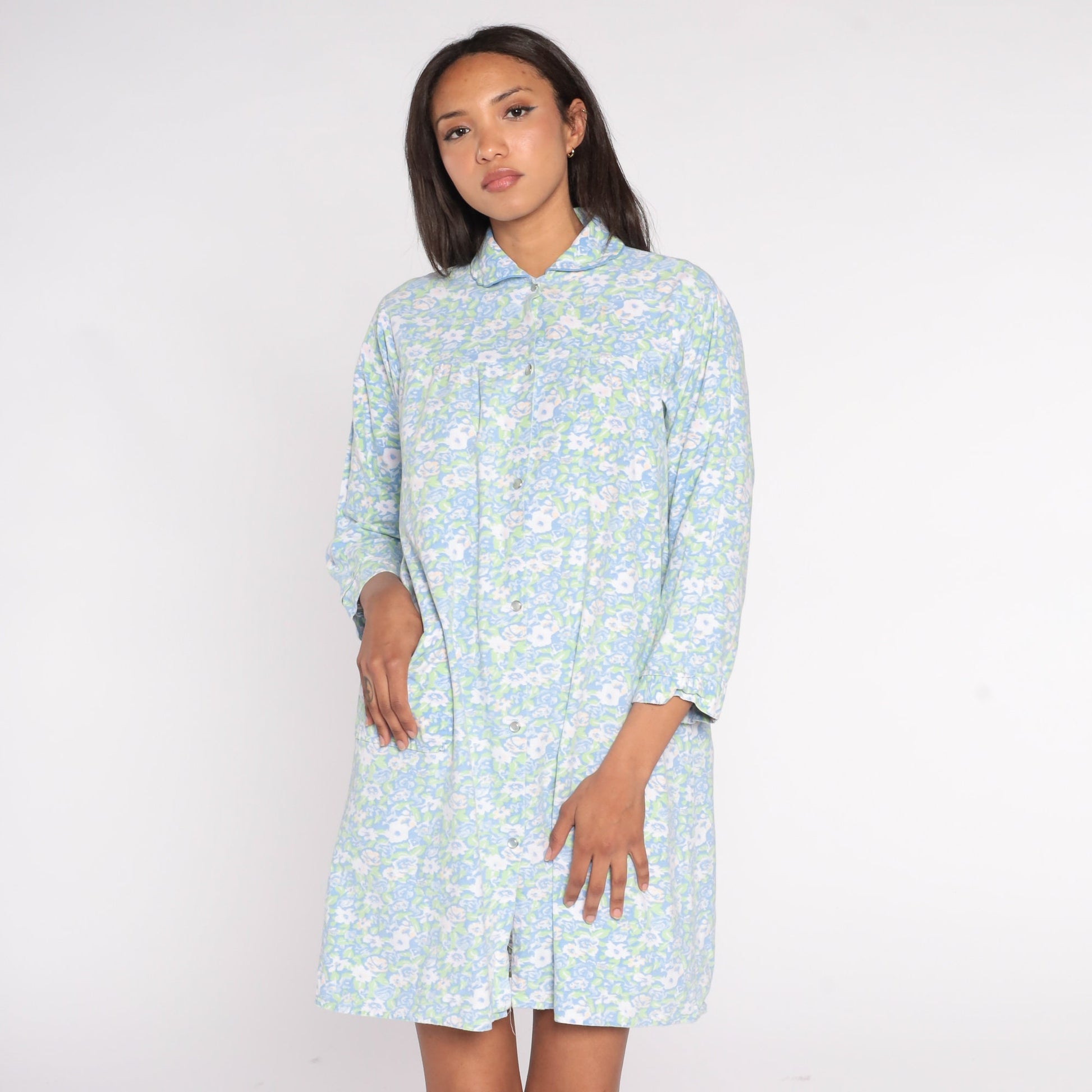 90s Blue Floral Mini Nightgown Peter Pan Collar Snap Front Medium