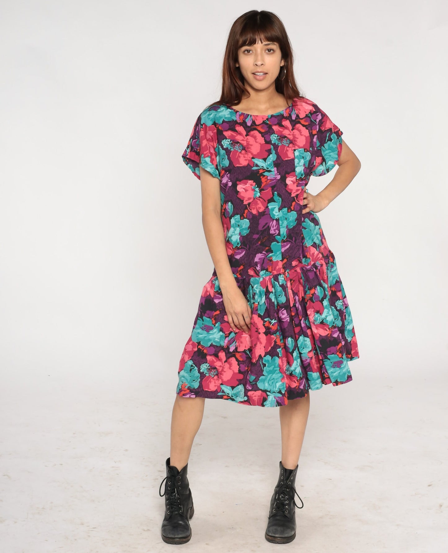 90s Floral Drop Waist Midi Dress Purple Multicolor Short Sleeve Medium