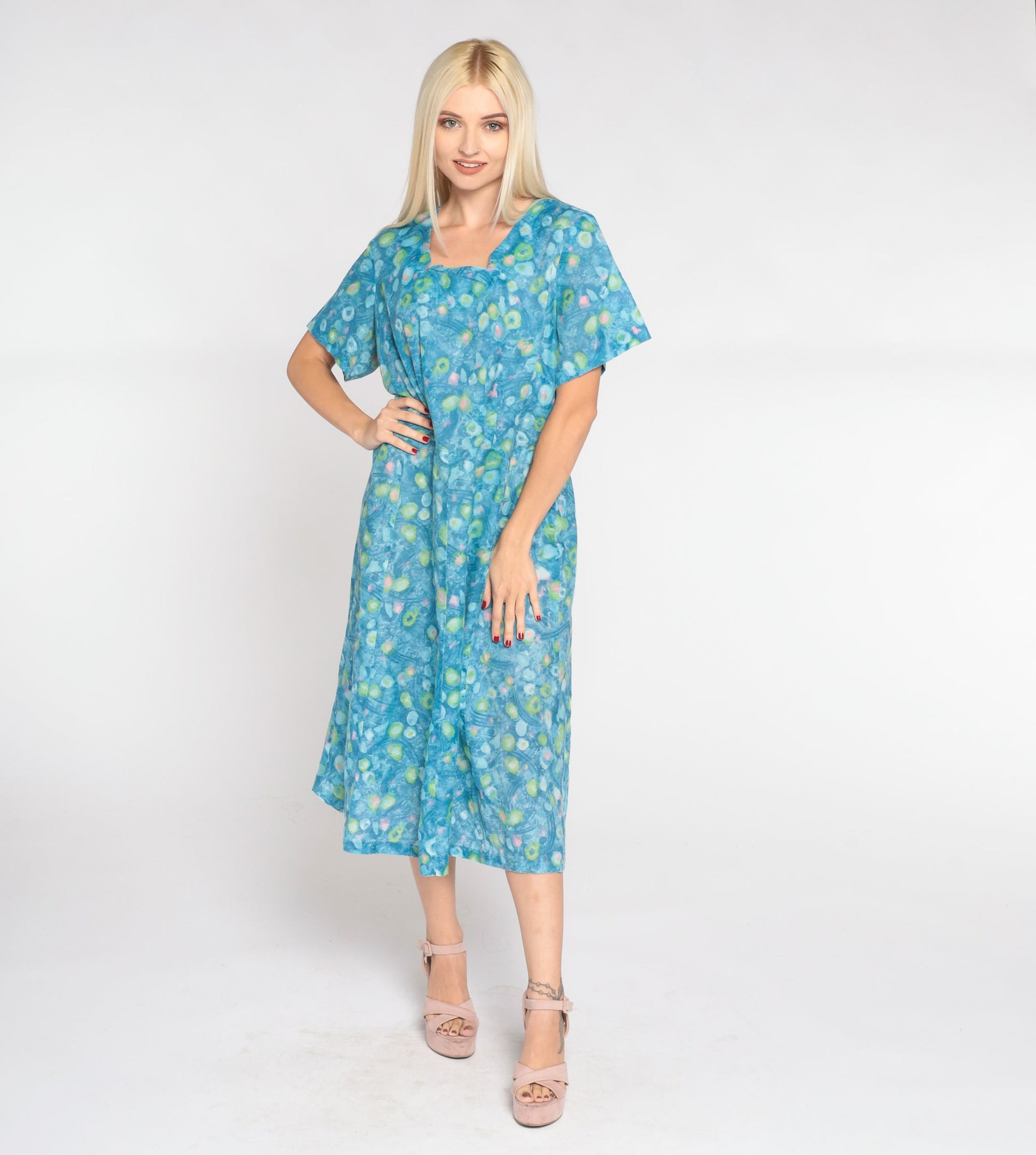 1960s Blue Abstract Dot Midi Dress Short Sleeve High Waist Large L