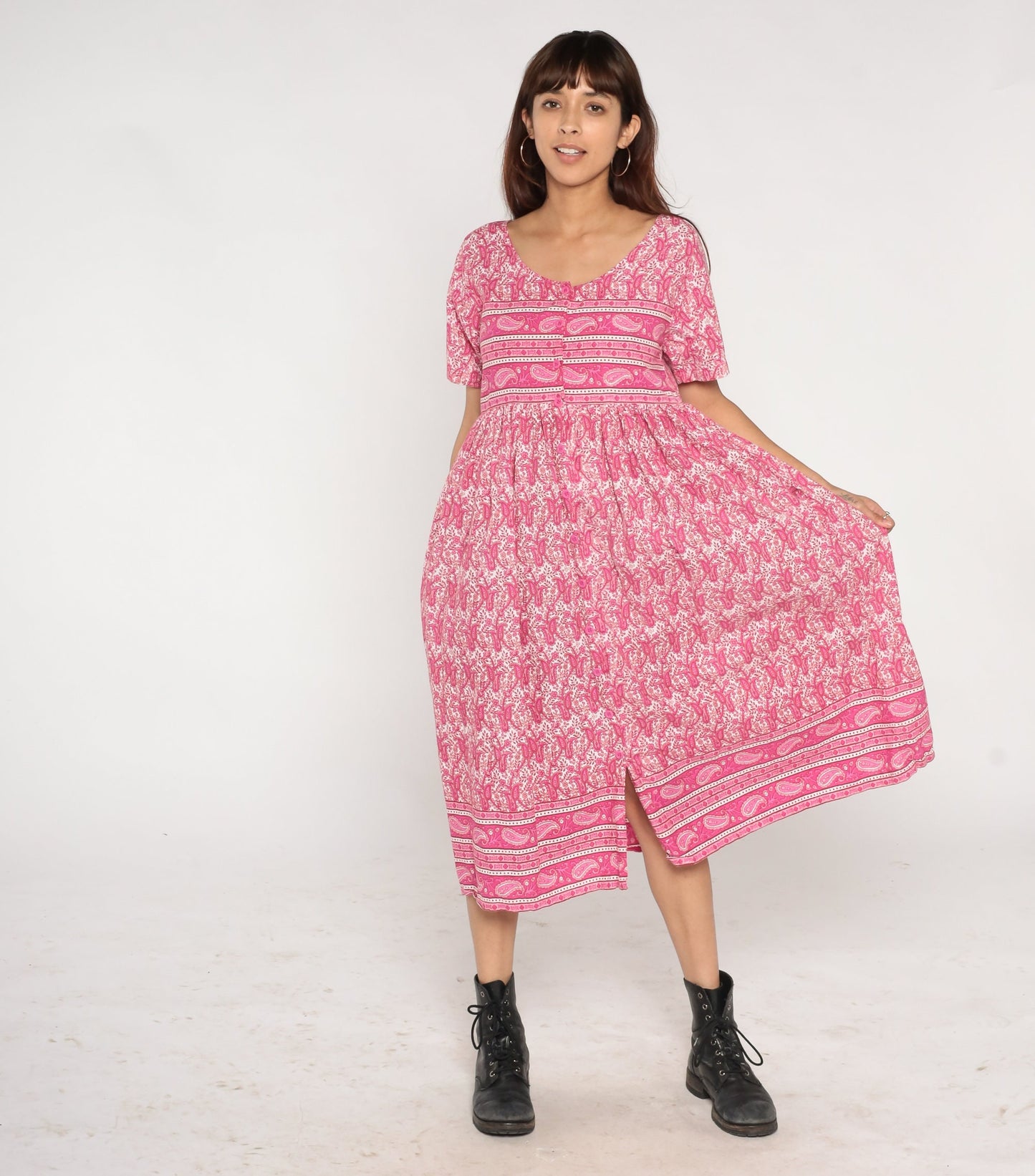 Y2K Pink Paisley Midi Shirtdress High Waist Button Front Cotton Small