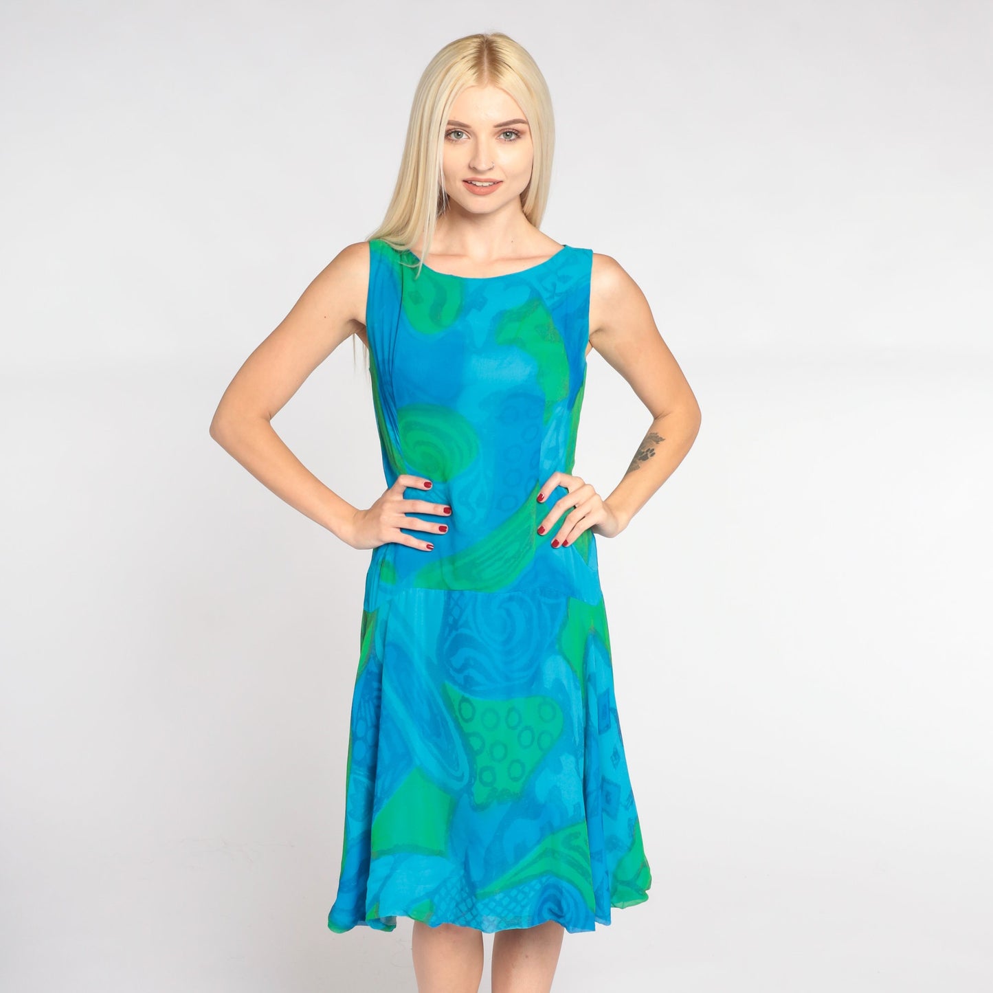 60s Mod Mini Dress Blue Abstract Print Sleeveless Drop Waist Small S