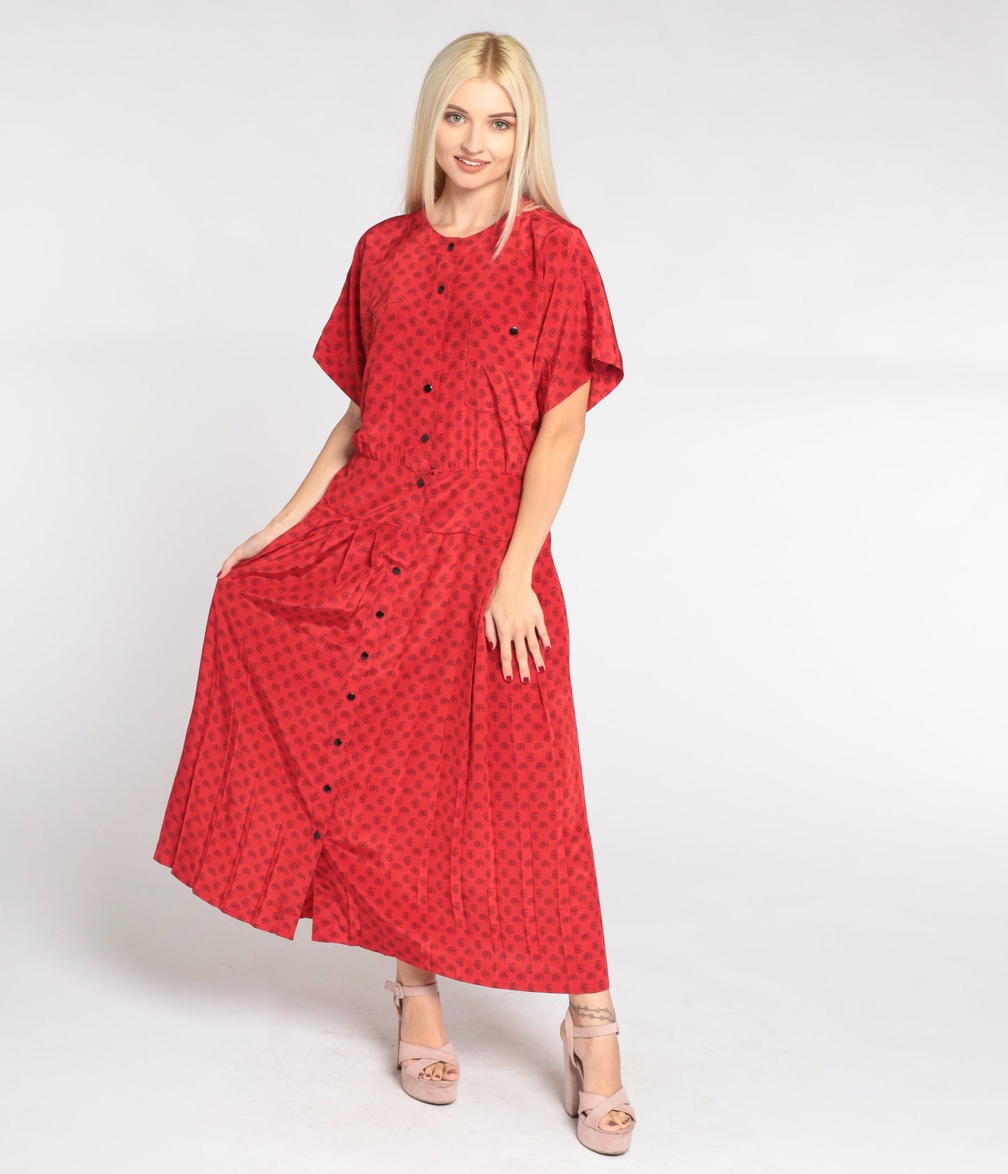 90s Liz Claiborne Red Paisley Dot Midi Shirt Dress Pleated Button-Up Medium 8