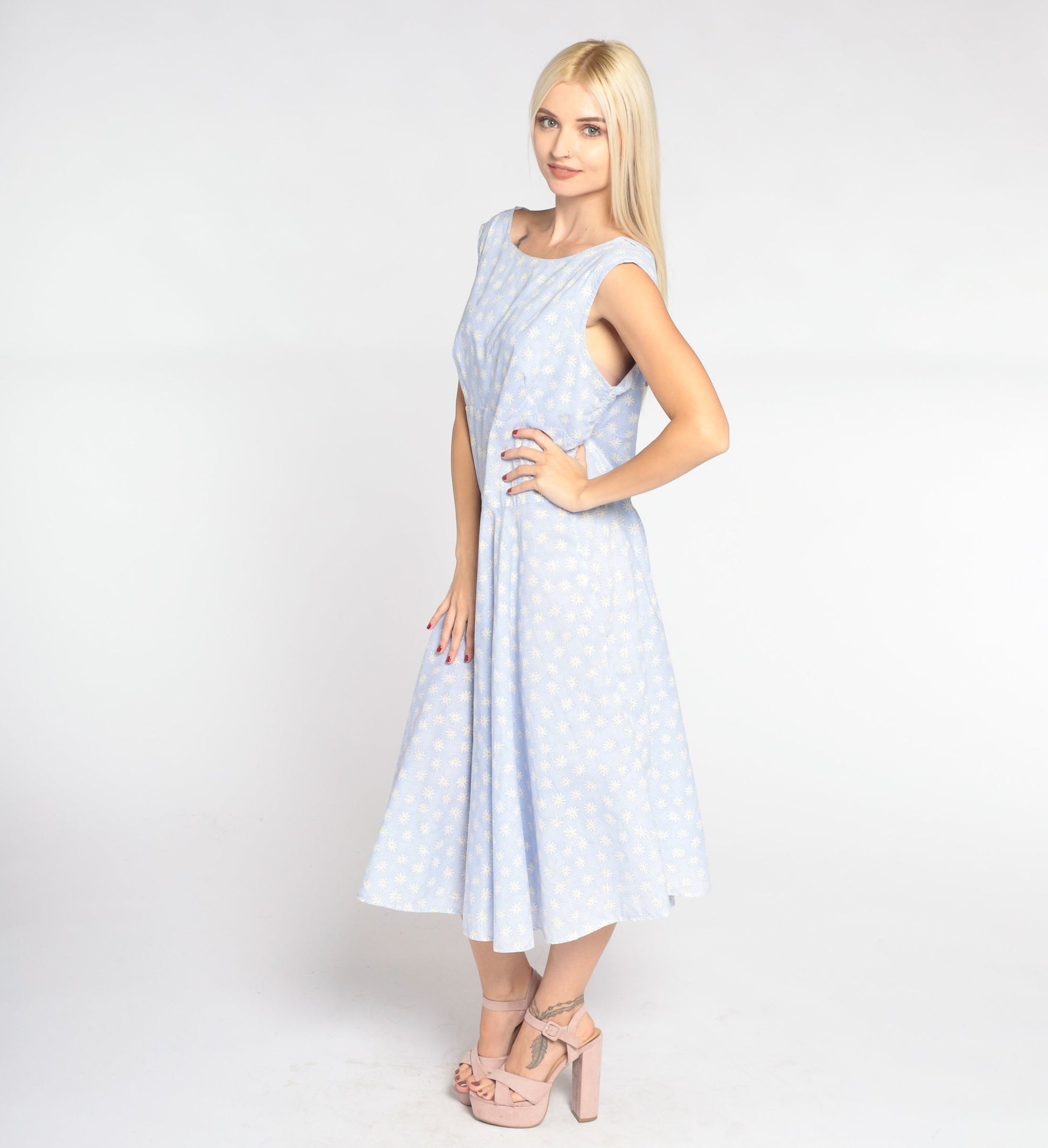 90s Blue Daisy Print Midi Dress High Waist Low Back Sleeveless Large