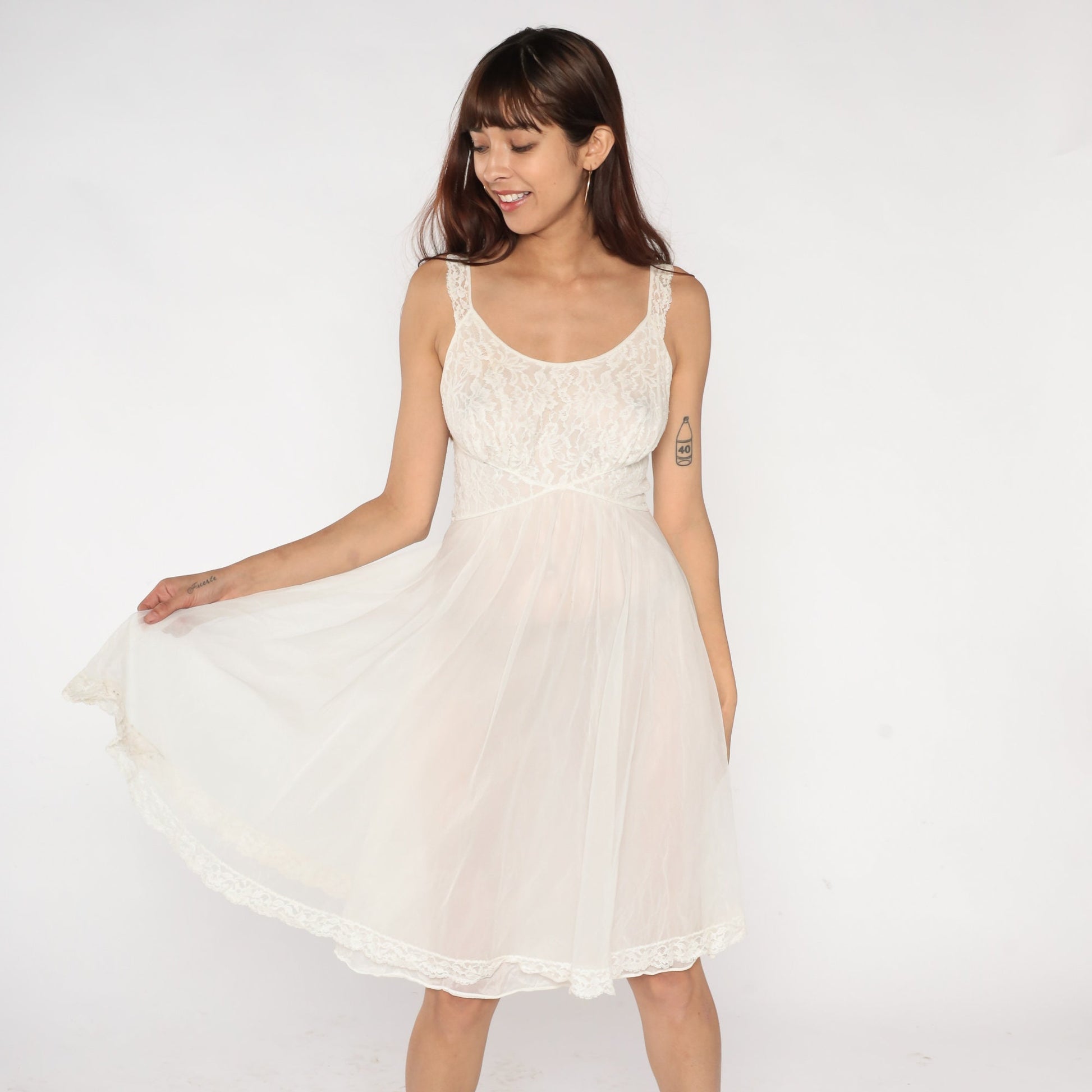 70s Vanity Fair White Lace Midi Nightgown Small S