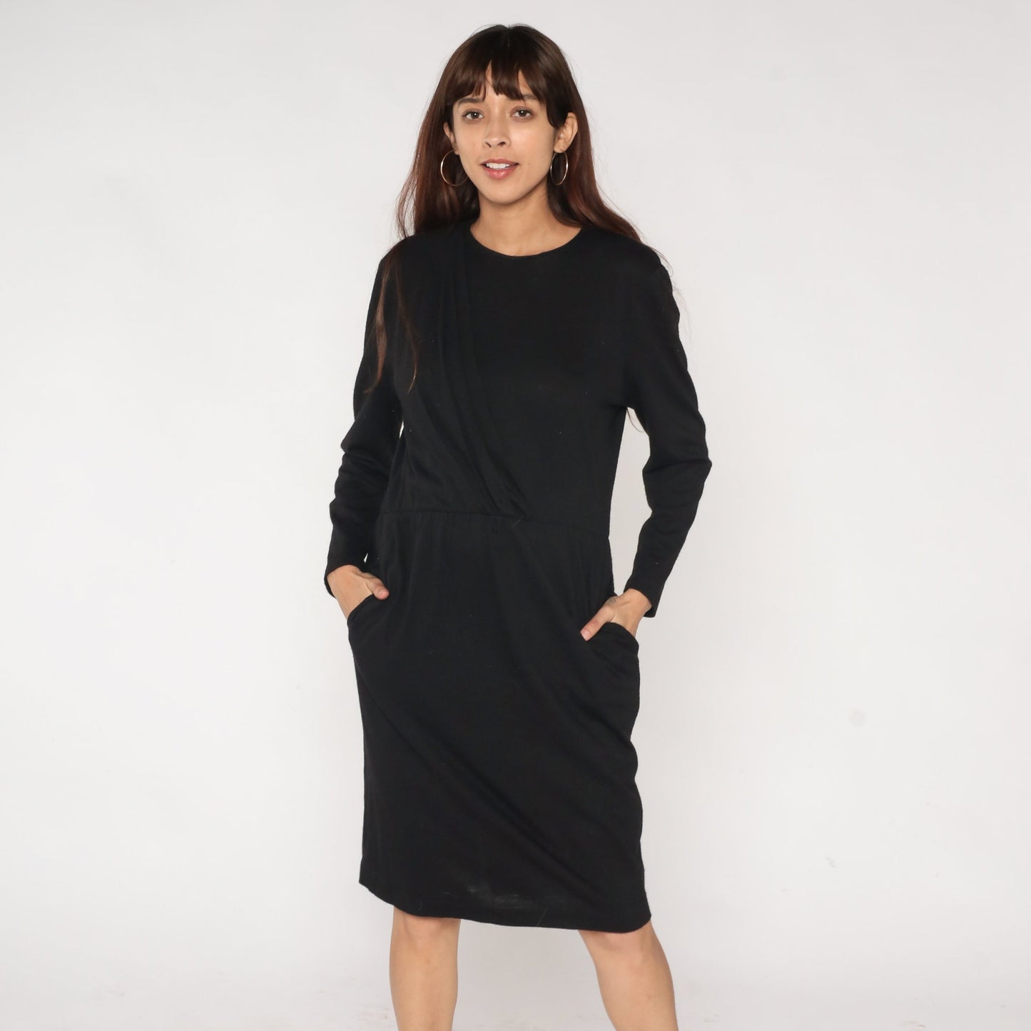 90s Black Wool Midi Dress High Waist Long Sleeve Medium