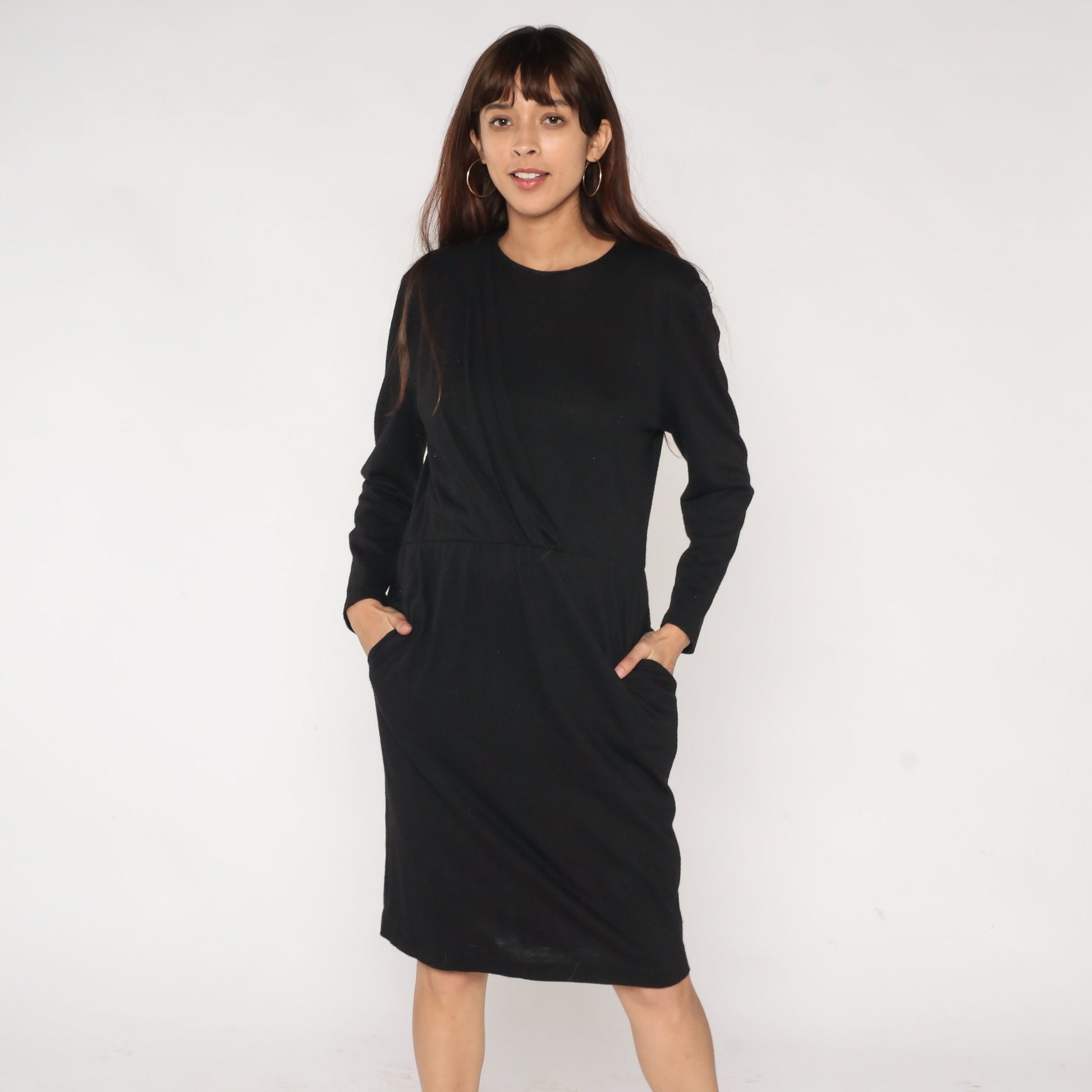 90s Black Wool Midi Dress High Waist Long Sleeve Medium