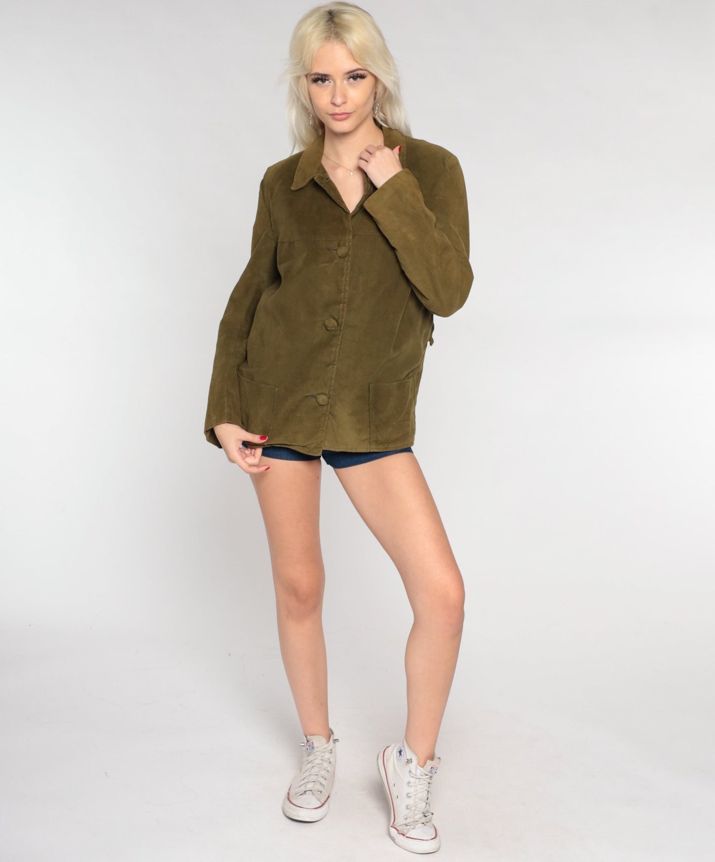 70s Olive Green Faux Suede Button-Up Shirt Long Sleeve Western Medium Large