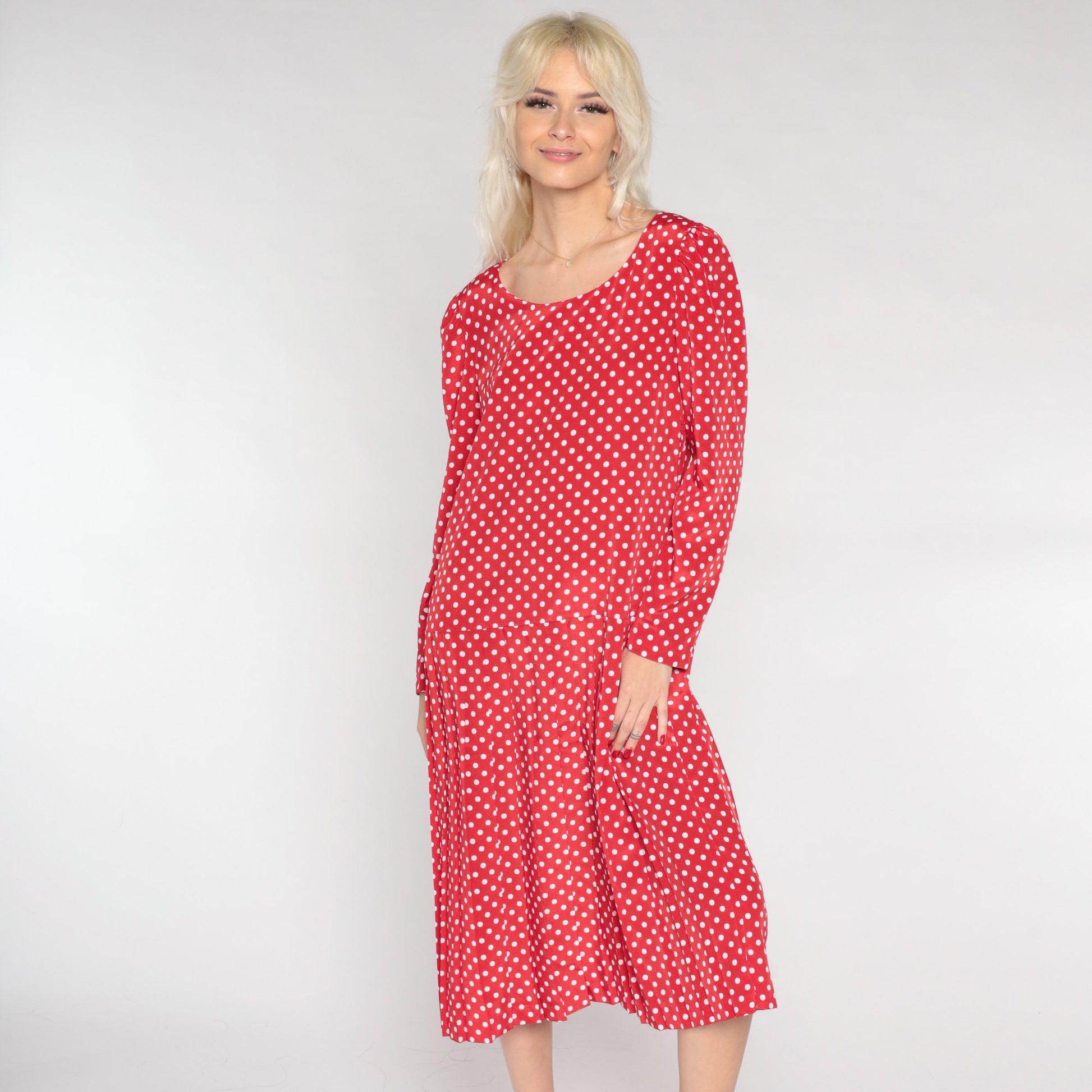 90s Leslie Fay Red Polka Dot Midi Dress Long Sleeve Drop Waist Medium 10