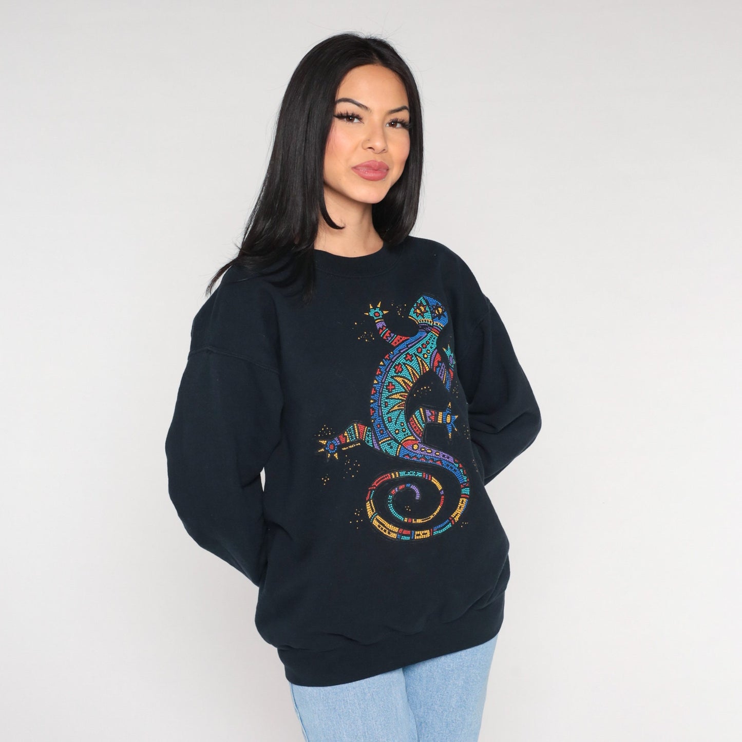 Y2K Tewa Tees Gecko Sweatshirt Black Graphic Crewneck Medium