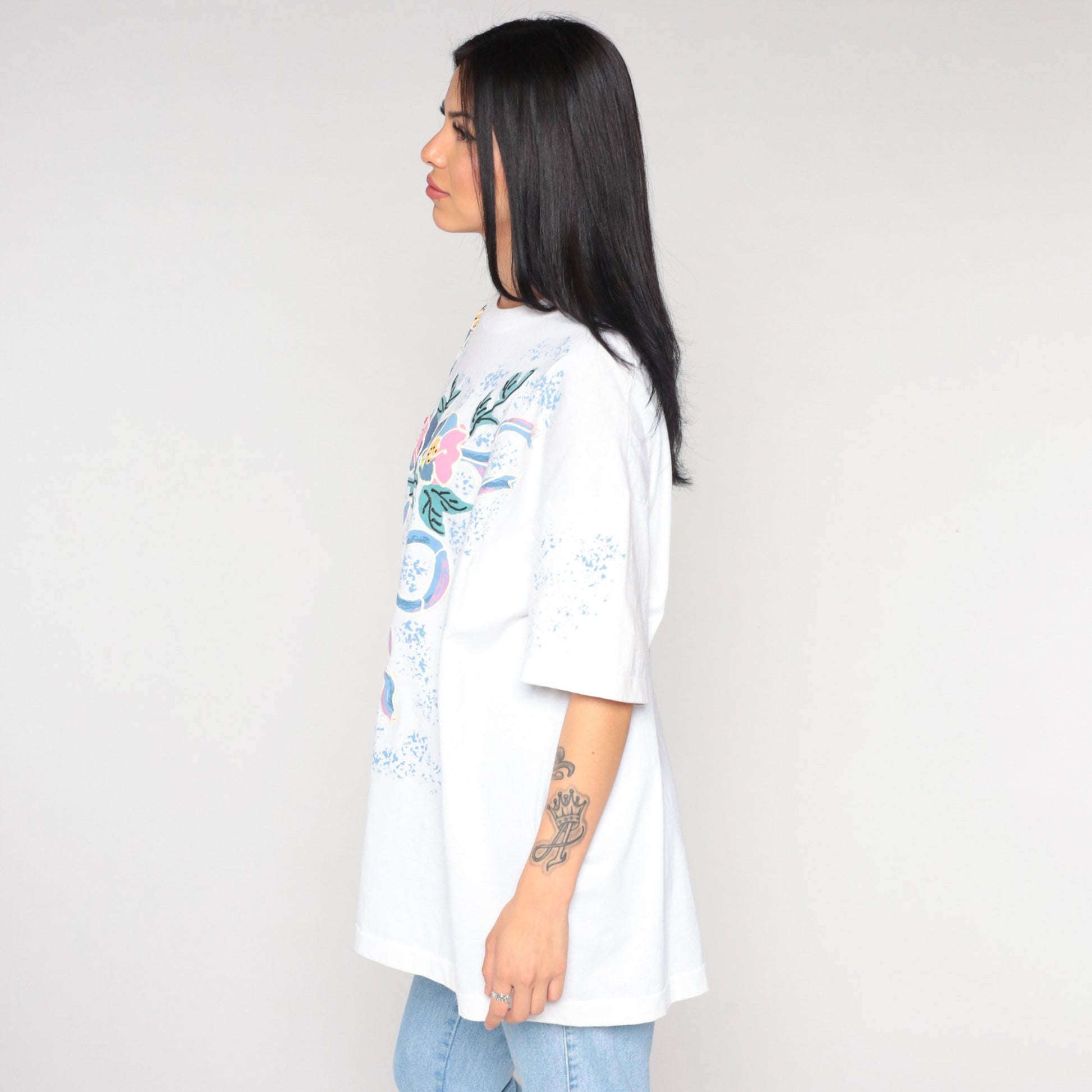 90s Gem Floral Graphic T-Shirt Rhinestone Flower Print White Extra Large