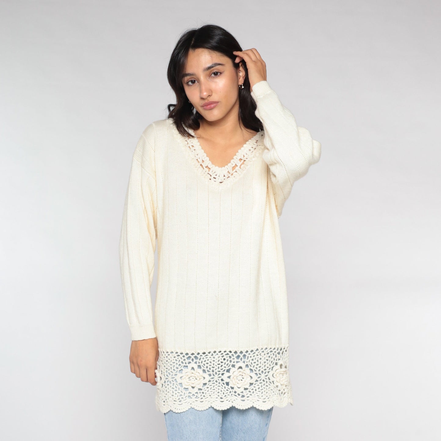 90s Cream Wool Blend Crochet Floral Sweater V-Neck Pullover Medium