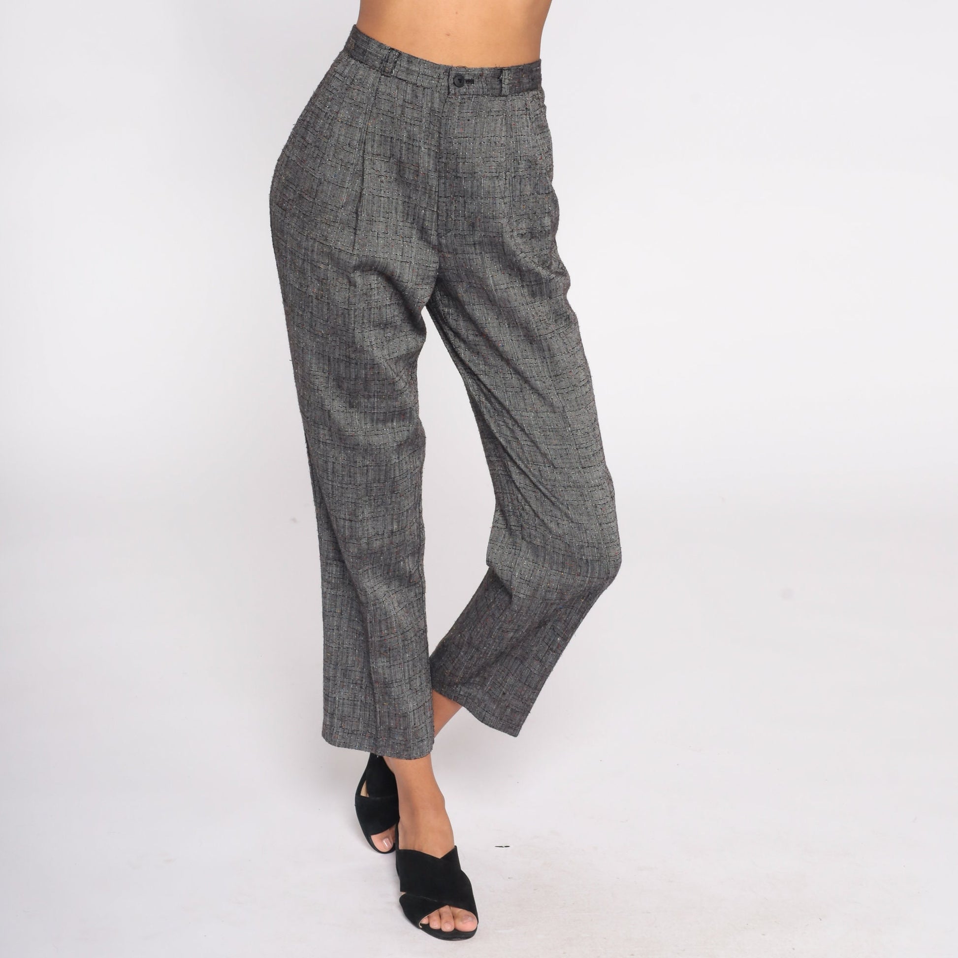 90s Grey Pleated High-Waist Trousers Tapered Small 26