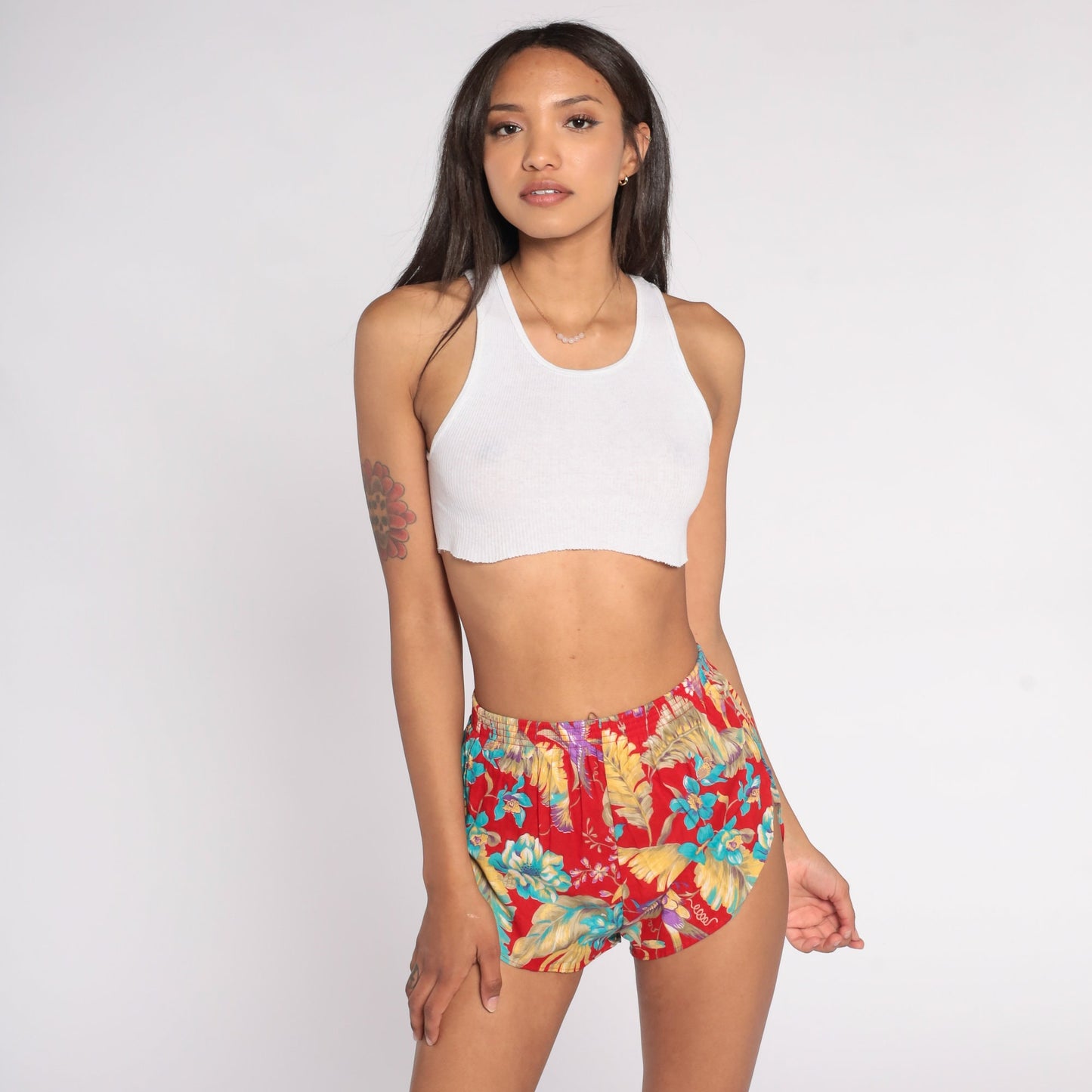 80s Red Floral High-Waist Running Shorts Tropical Gym Jogging Extra Small