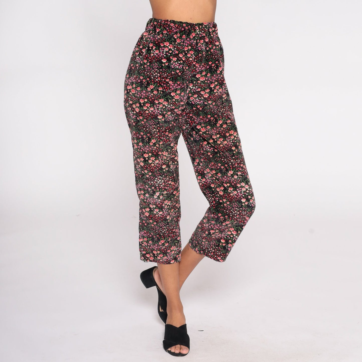 90s Black Velvet Floral Capri Pants Pink Print Elastic Waist Small Medium
