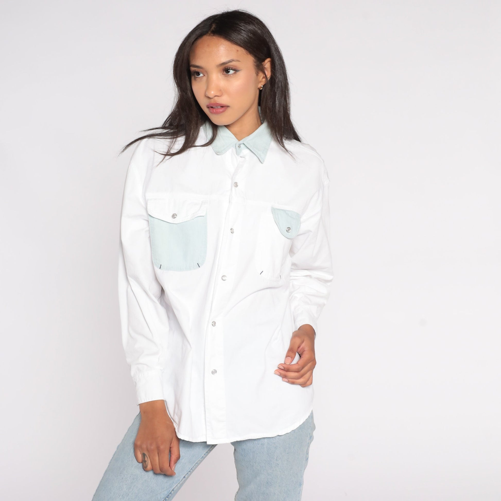 90s White Pearl Snap Western Shirt Long Sleeve Cowboy Button Up Large