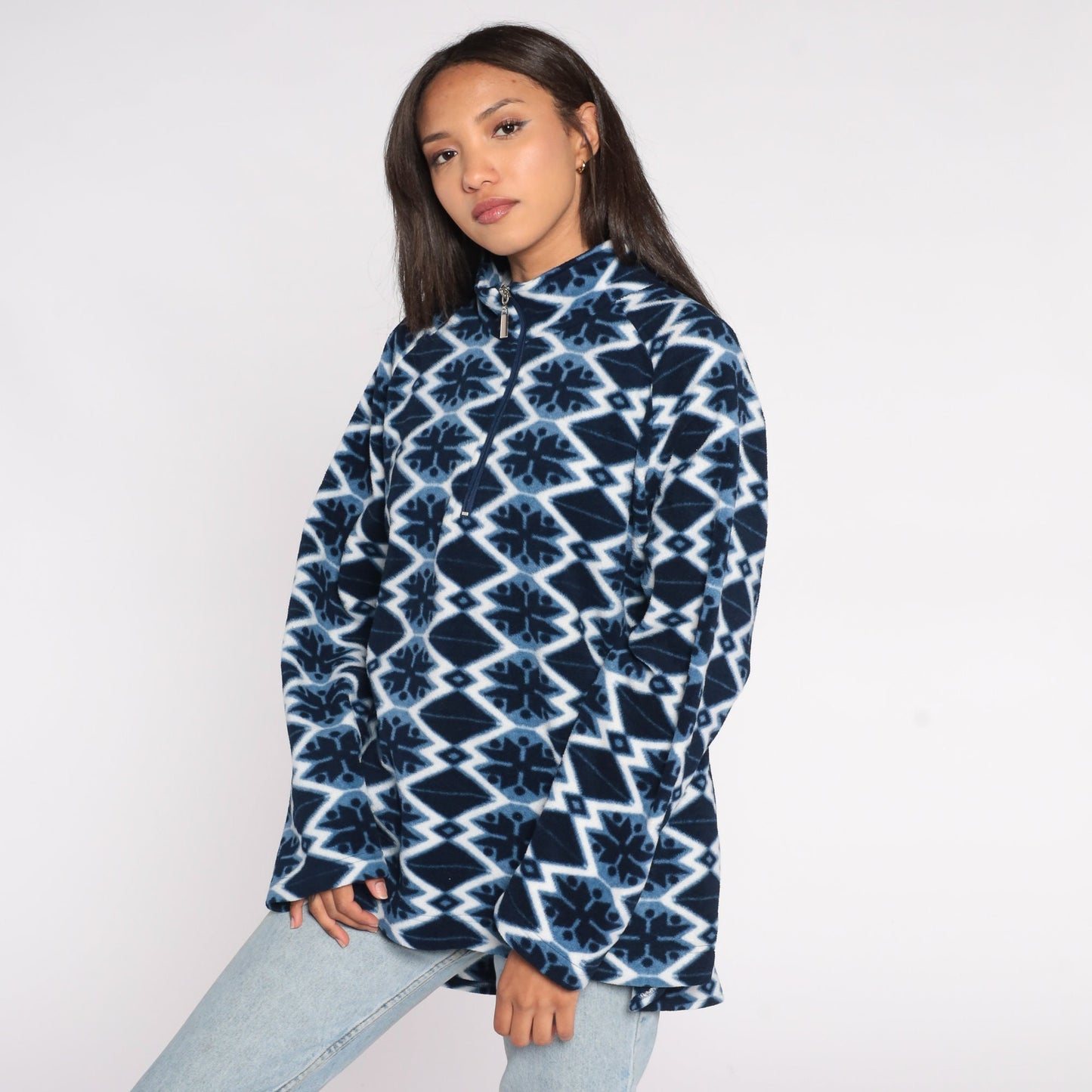 Y2K Nordic Snowflake Fleece Mock Neck Pullover Blue Extra Extra Large XXL