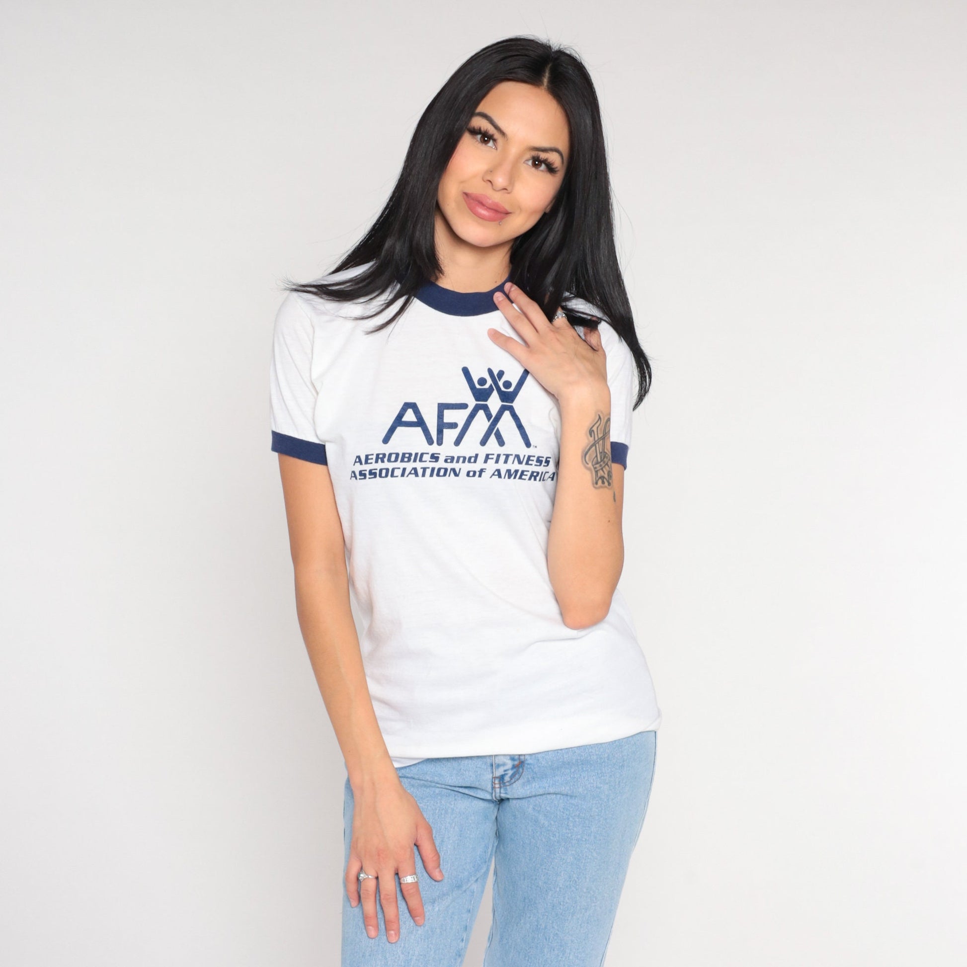 80s AFAA Athletics Fitness Association Ringer Tee White Graphic Small