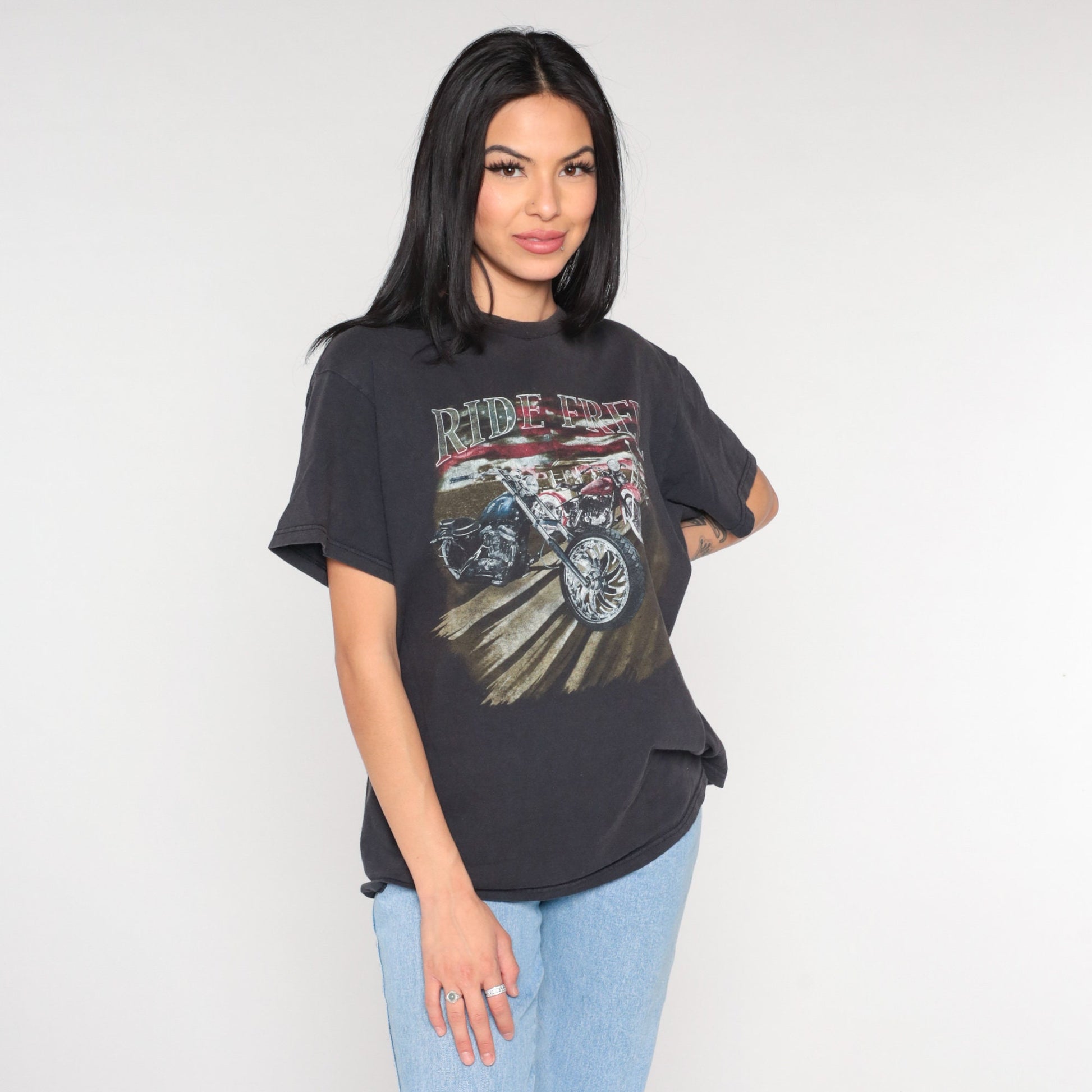 00s Motorcycle Ride Free Graphic T-Shirt American Flag Black Medium