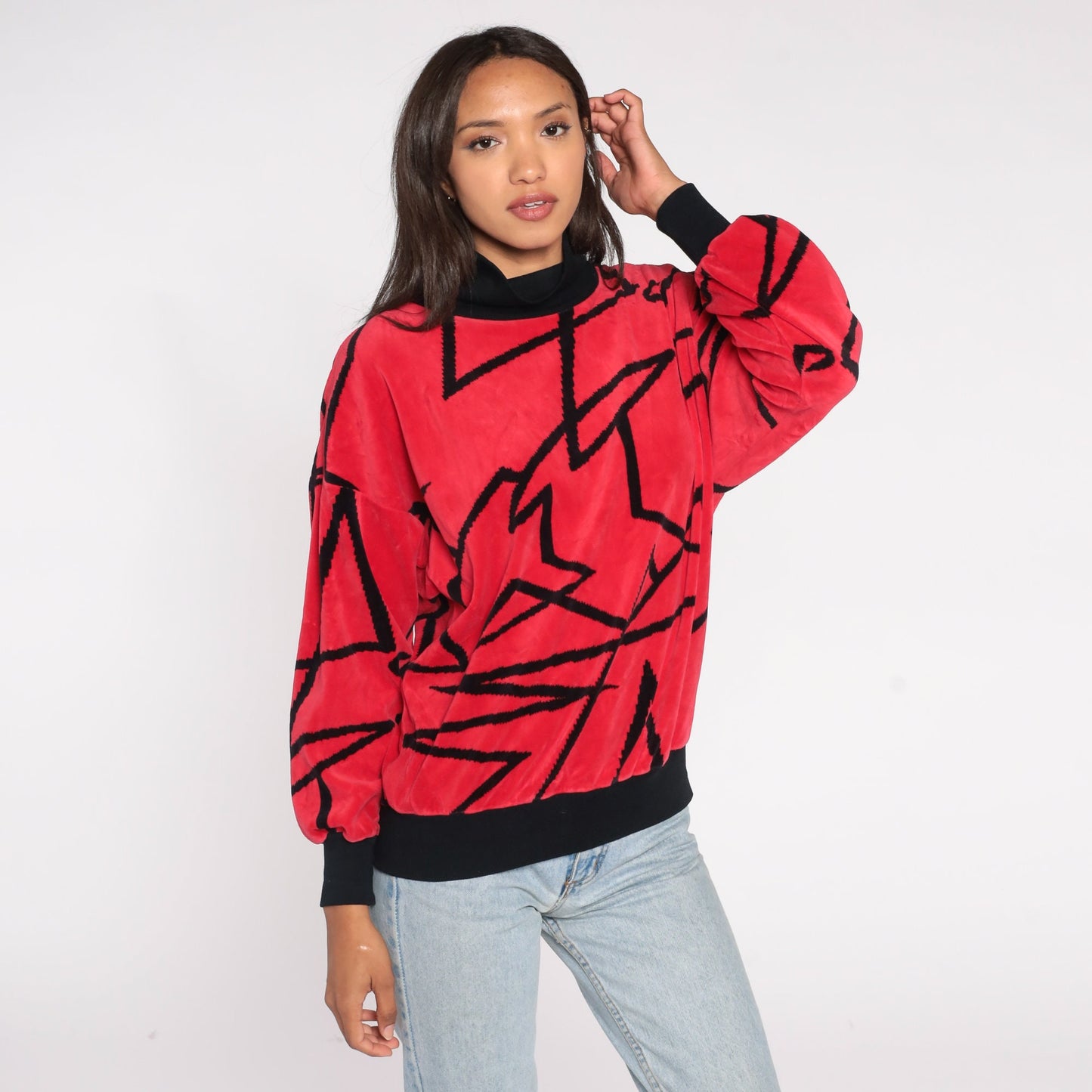 80s Red Velour Mock Neck Sweatshirt Geometric Print Pullover Medium