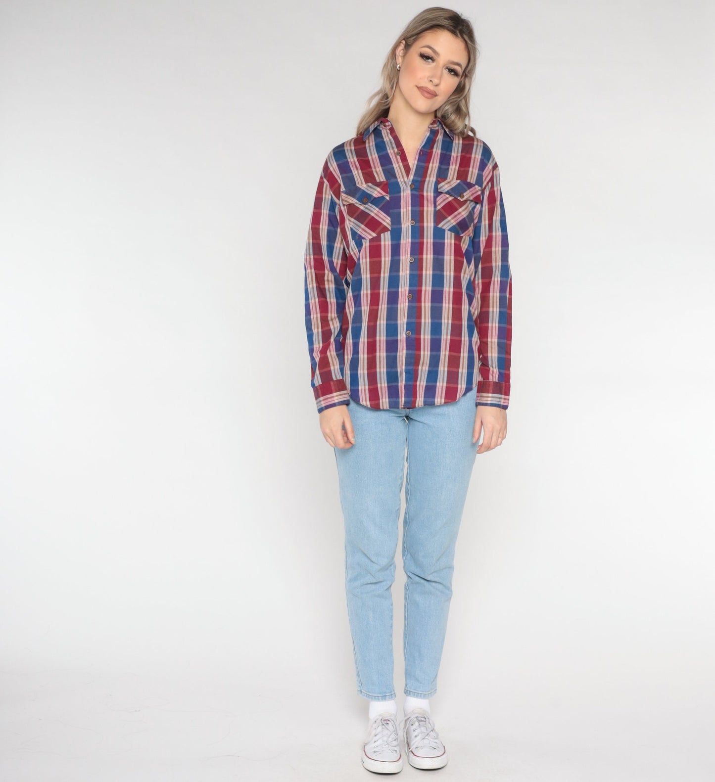 80s Burgundy Blue Plaid Button-Up Shirt Cotton Long Sleeve Medium