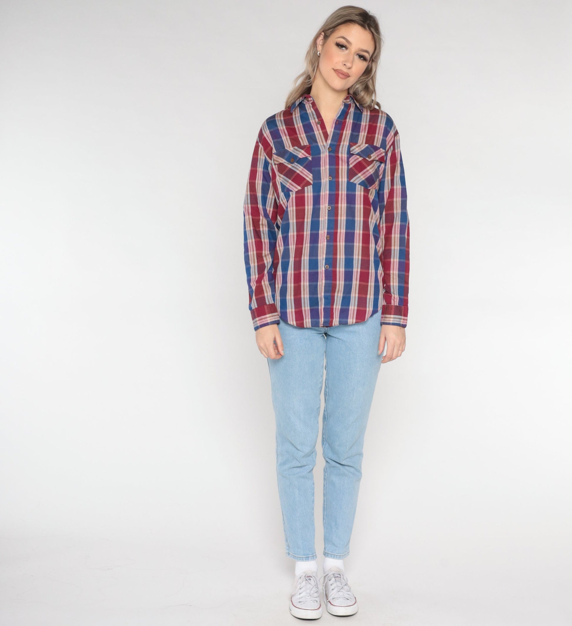 80s Burgundy Blue Plaid Button-Up Shirt Cotton Long Sleeve Medium