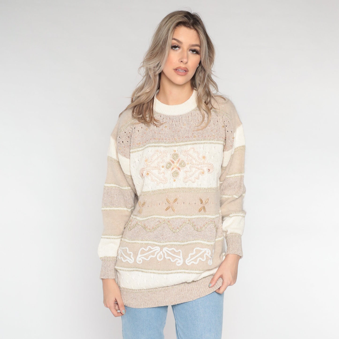 90s Tan Beaded Cutout Pullover Sweater Silk Wool Blend Extra Large