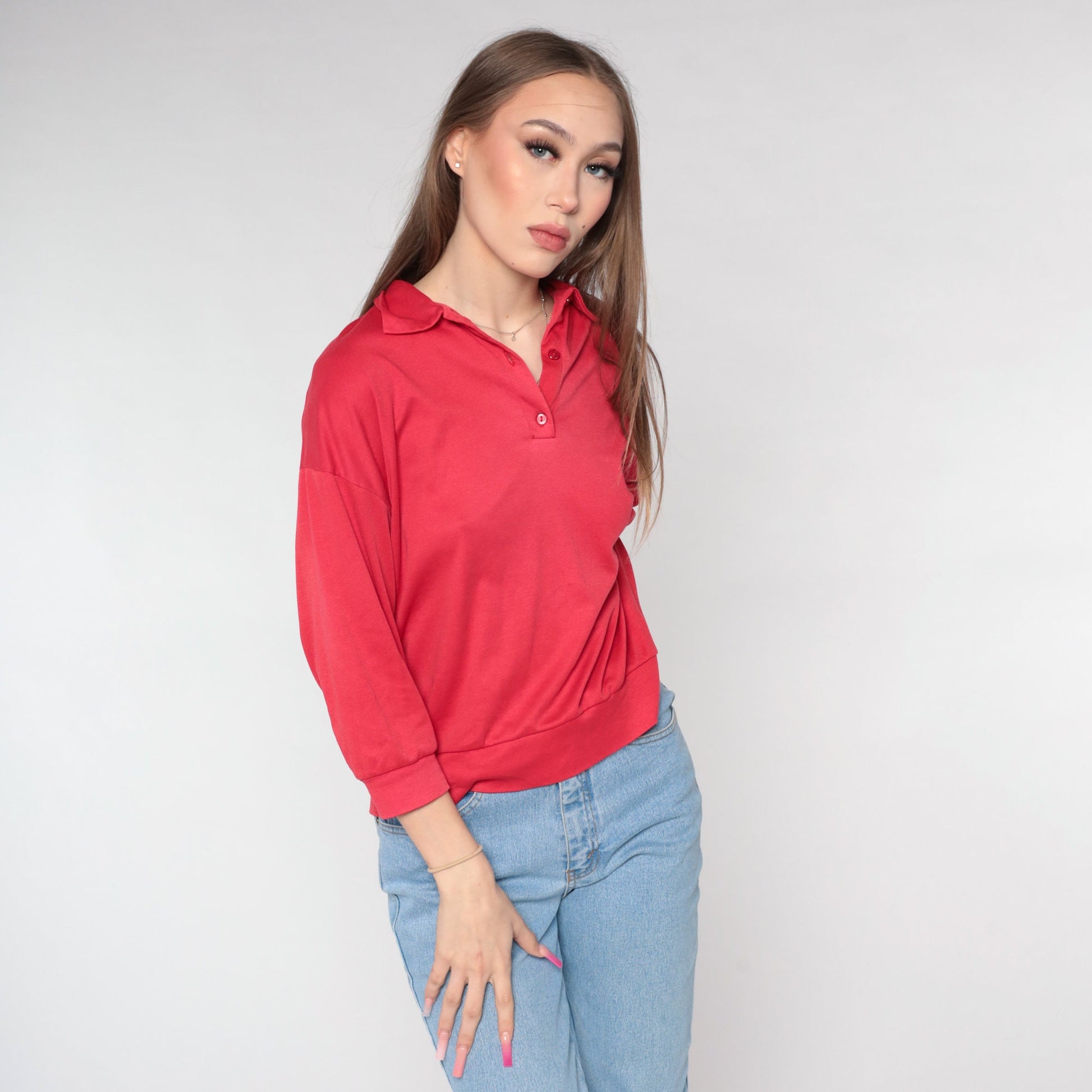 80s Red Quarter-Button Collared Sweatshirt Slouchy Pullover Medium